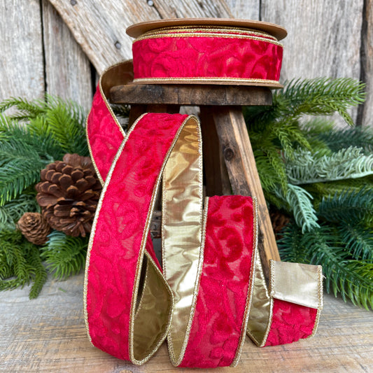 1.5" Red Embossed Velvet Ribbon, Red Ribbon, Christmas Ribbon, Red Velvet Ribbon