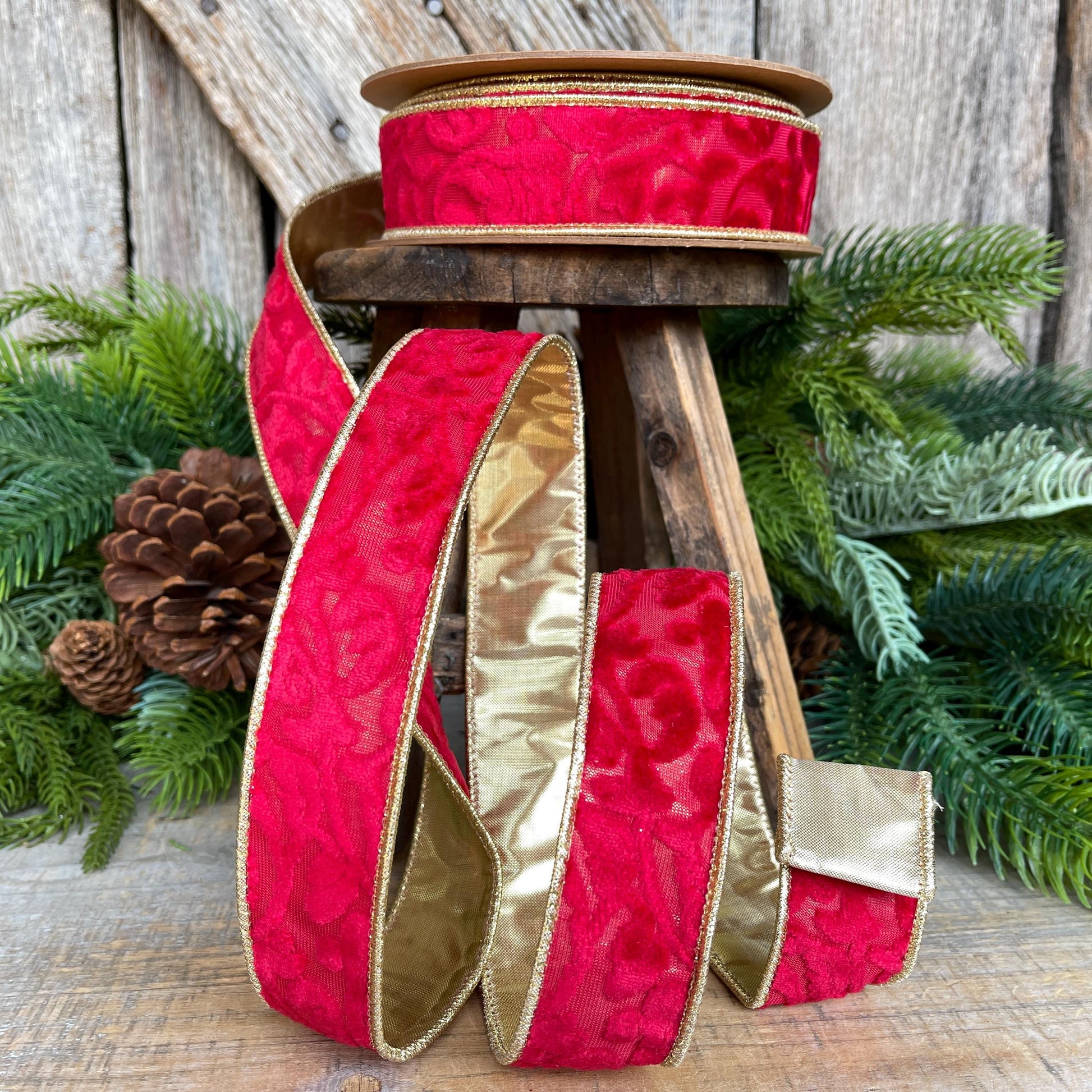1.5" Red Embossed Velvet Ribbon, Red Ribbon, Christmas Ribbon, Red Velvet Ribbon