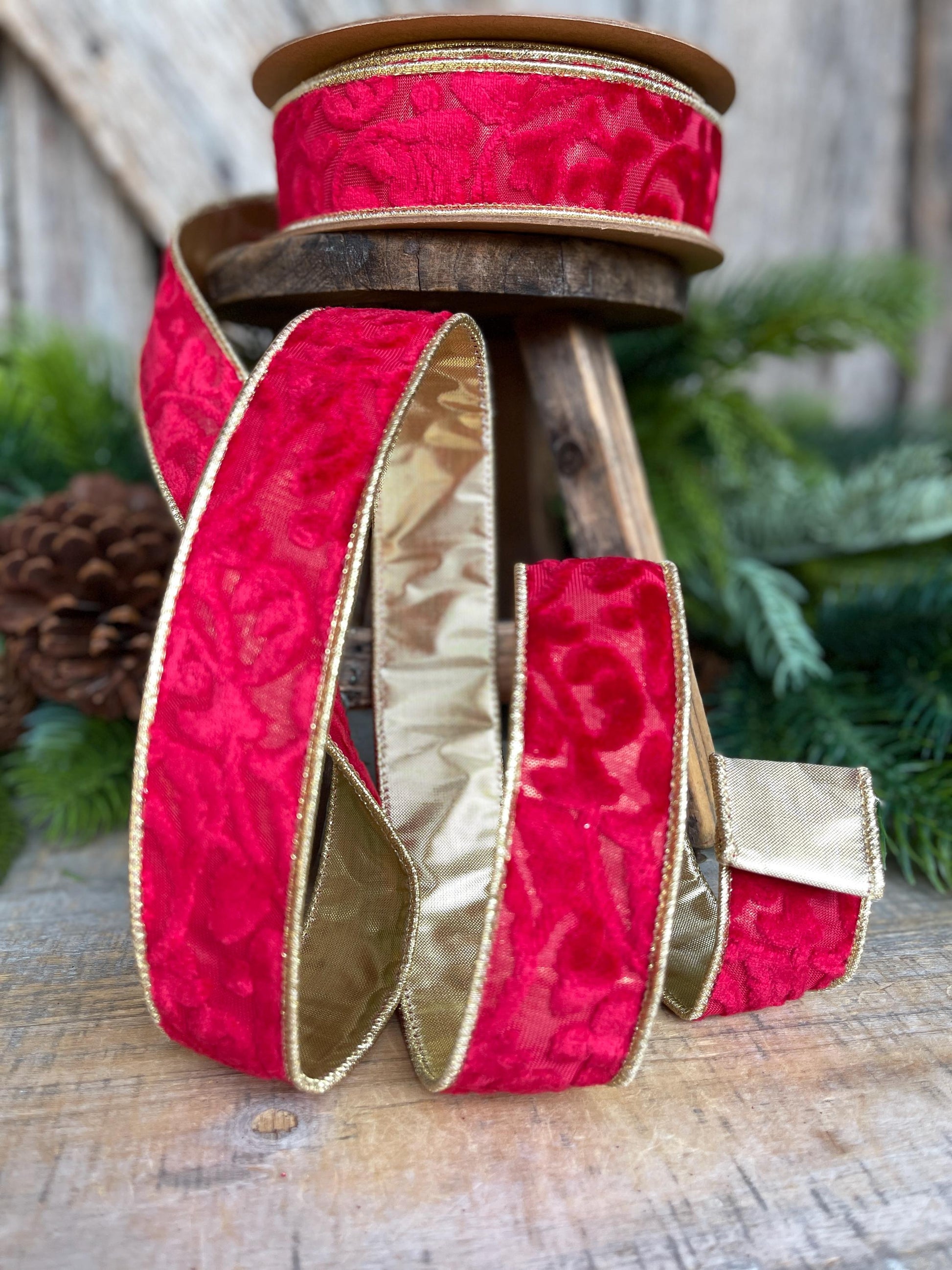 1.5" Red Embossed Velvet Ribbon, Red Ribbon, Christmas Ribbon, Red Velvet Ribbon