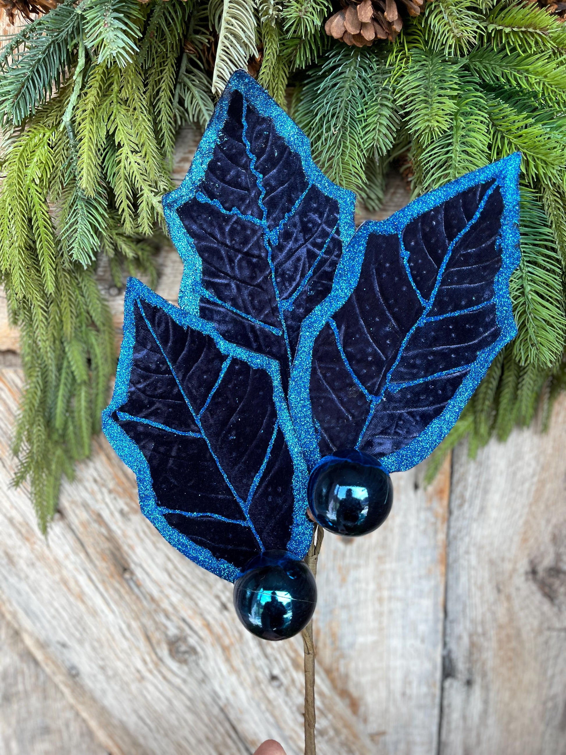 30" Navy Blue Holly Leaf Spray, Christmas Holly Leaf Floral Stem, Navy Blue Floral Picks Stems