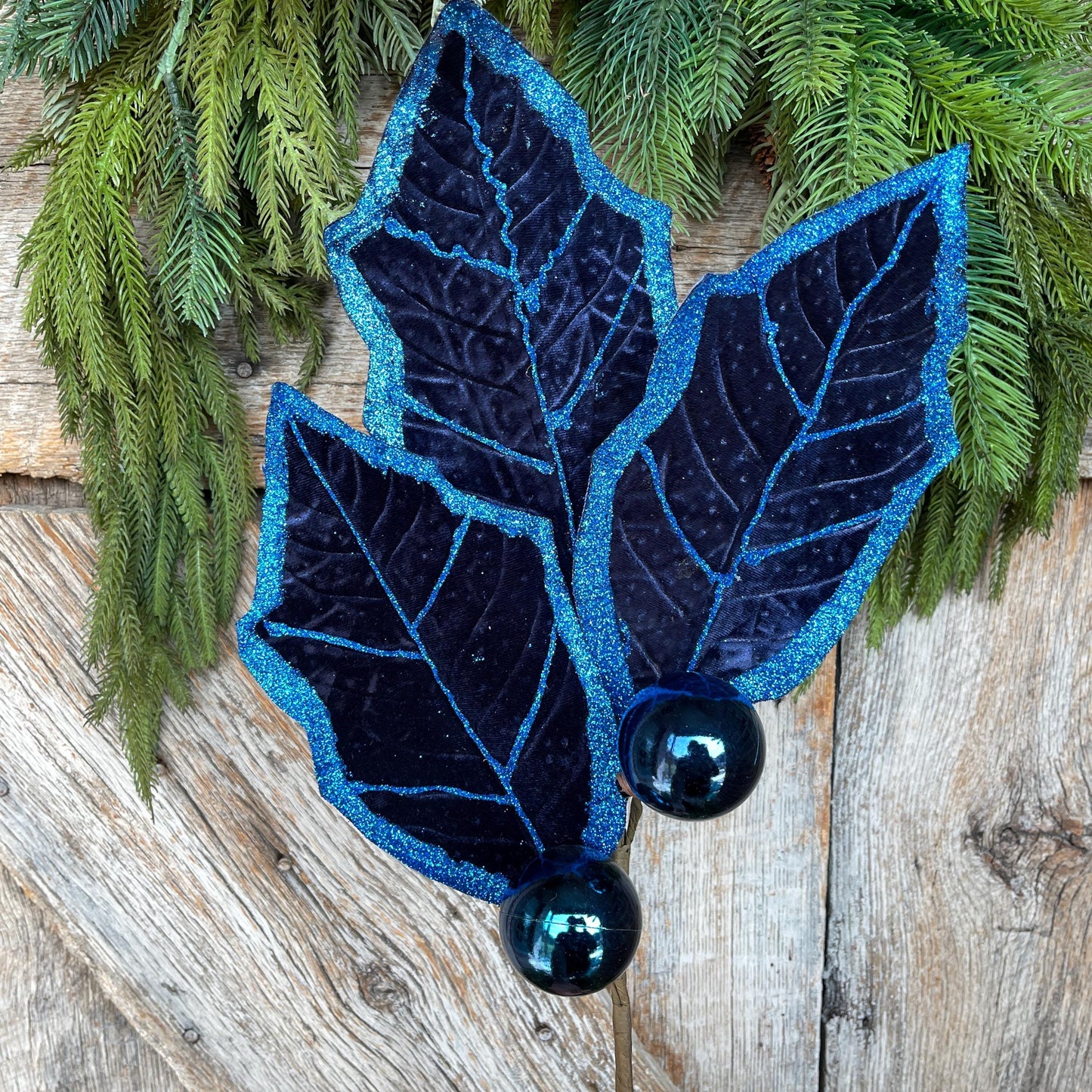 30" Navy Blue Holly Leaf Spray, Christmas Holly Leaf Floral Stem, Navy Blue Floral Picks Stems