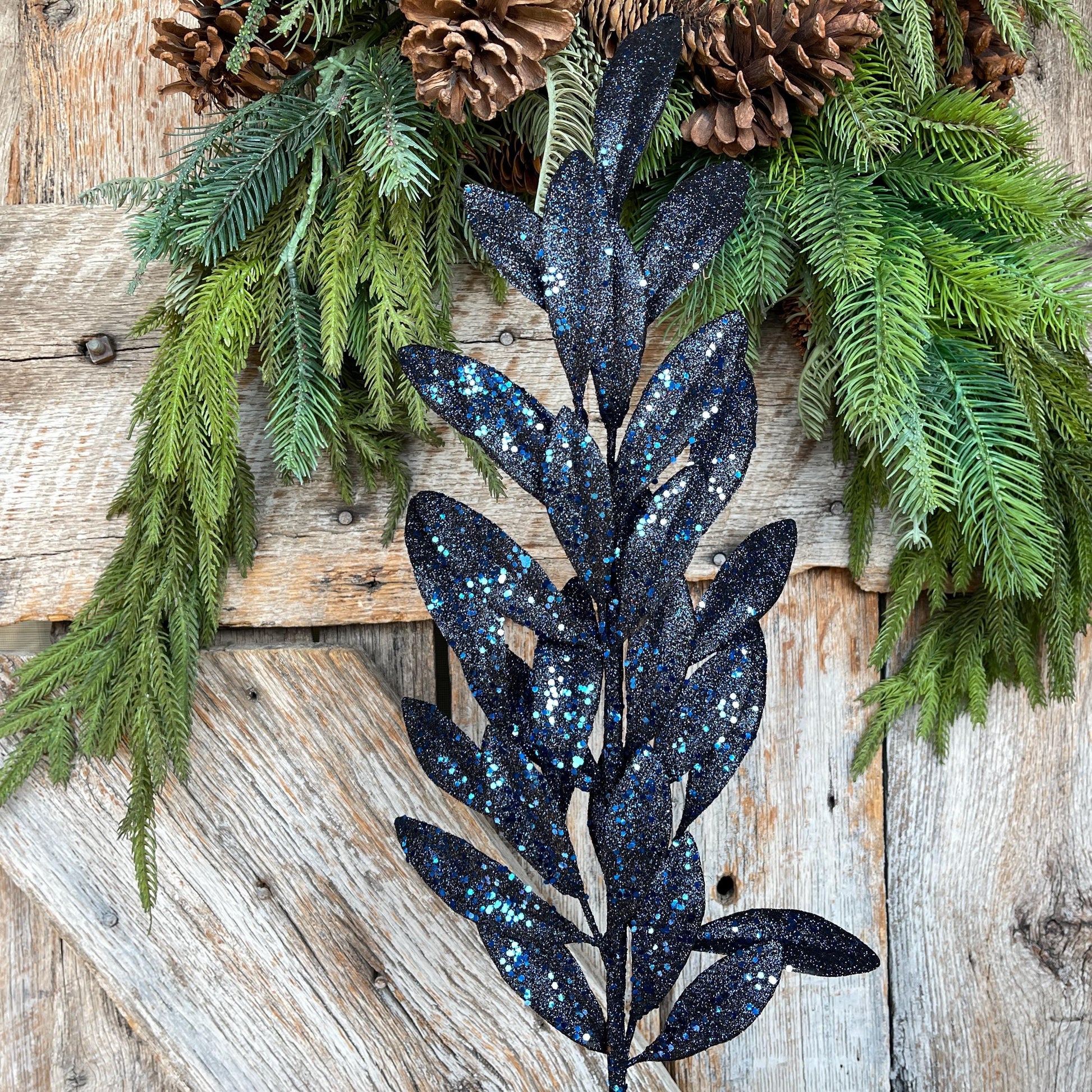 27" Navy Blue Laurel Leaf Spray, Blue Sparkle Leaf Spray, Blue Christmas Picks Stems, Christmas Tree Picks, 86483NVBL