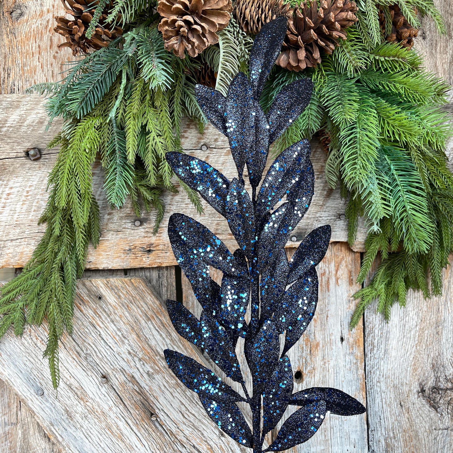27" Navy Blue Laurel Leaf Spray, Blue Sparkle Leaf Spray, Blue Christmas Picks Stems, Christmas Tree Picks, 86483NVBL