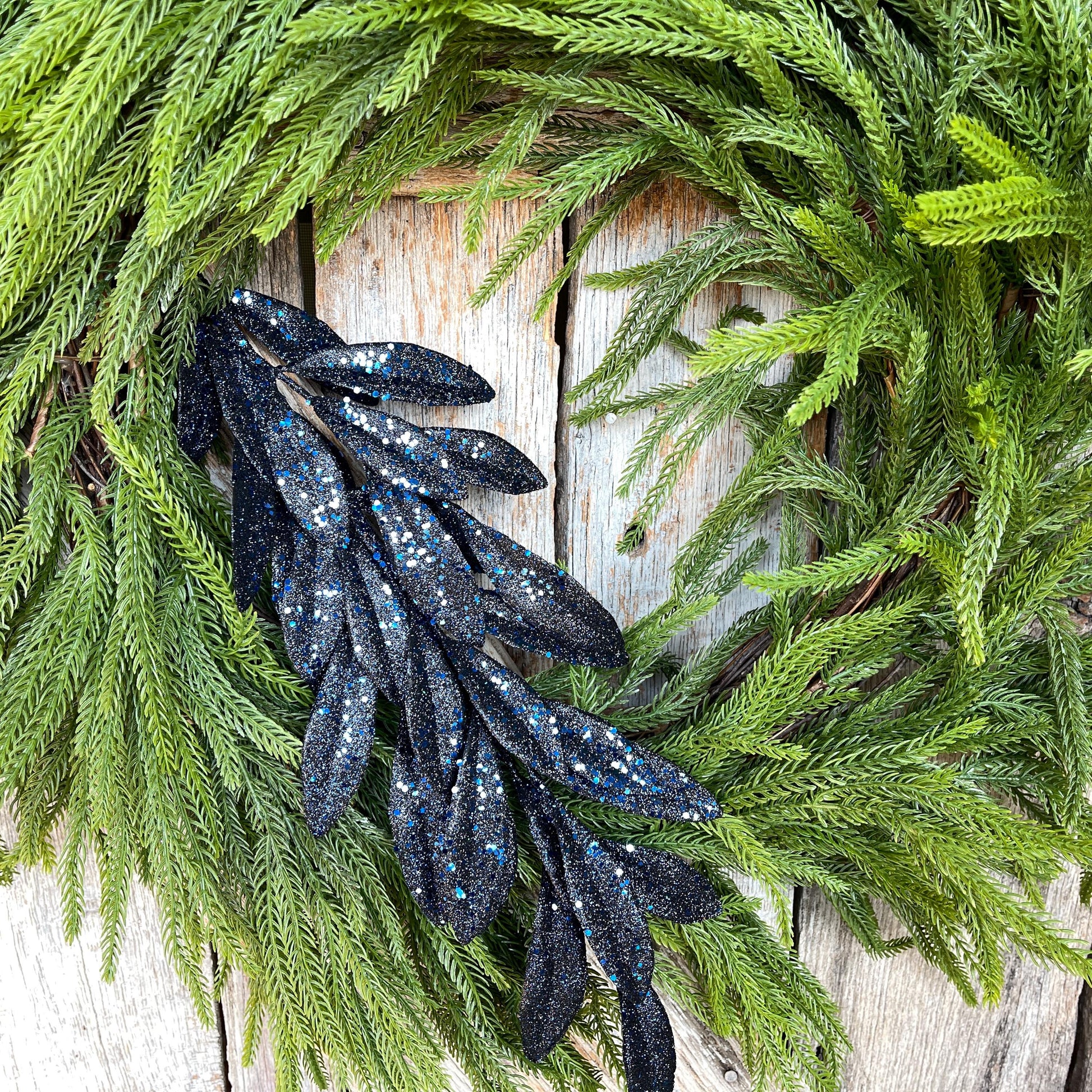 27" Navy Blue Laurel Leaf Spray, Blue Sparkle Leaf Spray, Blue Christmas Picks Stems, Christmas Tree Picks, 86483NVBL