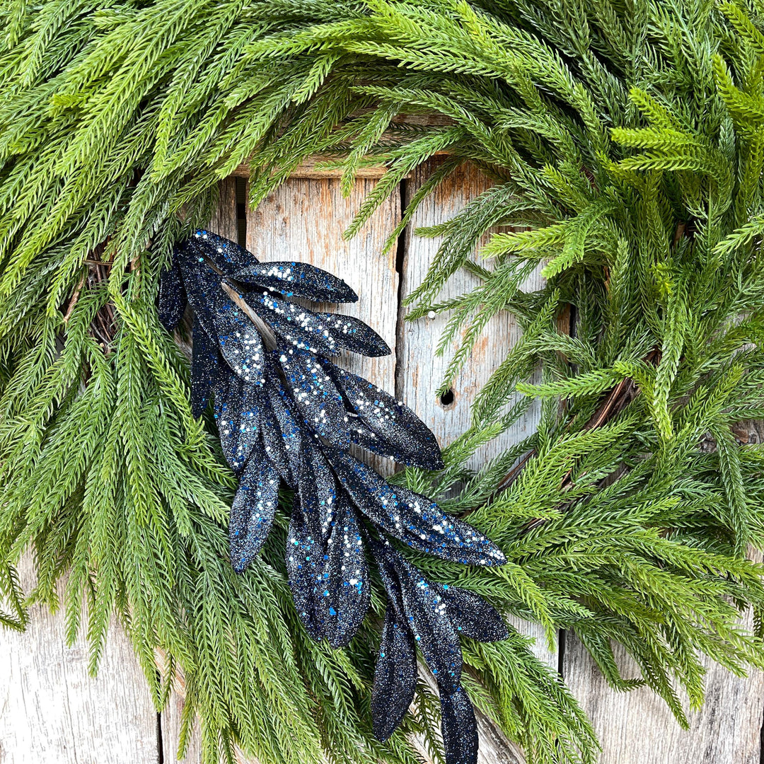 Navy Blue Glitter Laurel Leaf Spray: Christmas Tree Pick (27")