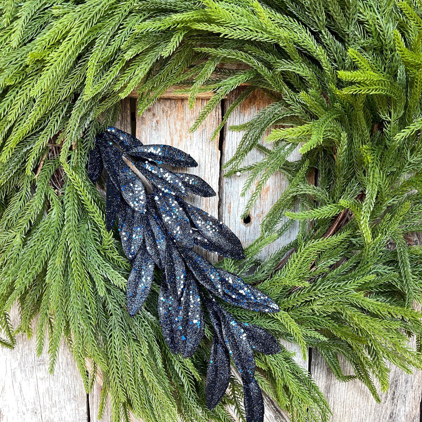 27" Navy Blue Laurel Leaf Spray, Blue Sparkle Leaf Spray, Blue Christmas Picks Stems, Christmas Tree Picks, 86483NVBL