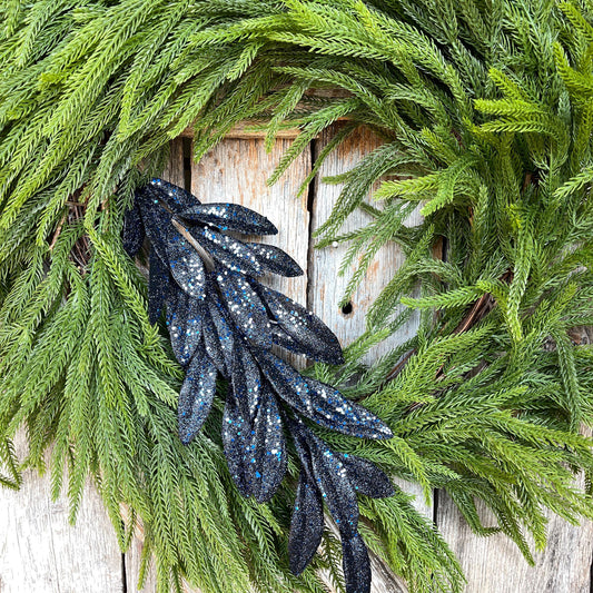 27" Navy Blue Laurel Leaf Spray, Blue Sparkle Leaf Spray, Blue Christmas Picks Stems, Christmas Tree Picks, 86483NVBL