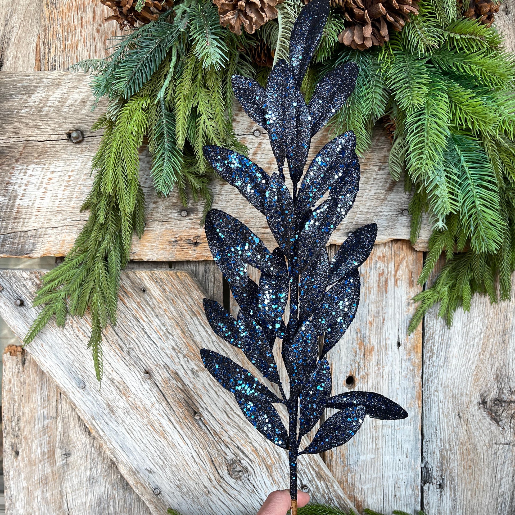 27" Navy Blue Laurel Leaf Spray, Blue Sparkle Leaf Spray, Blue Christmas Picks Stems, Christmas Tree Picks, 86483NVBL