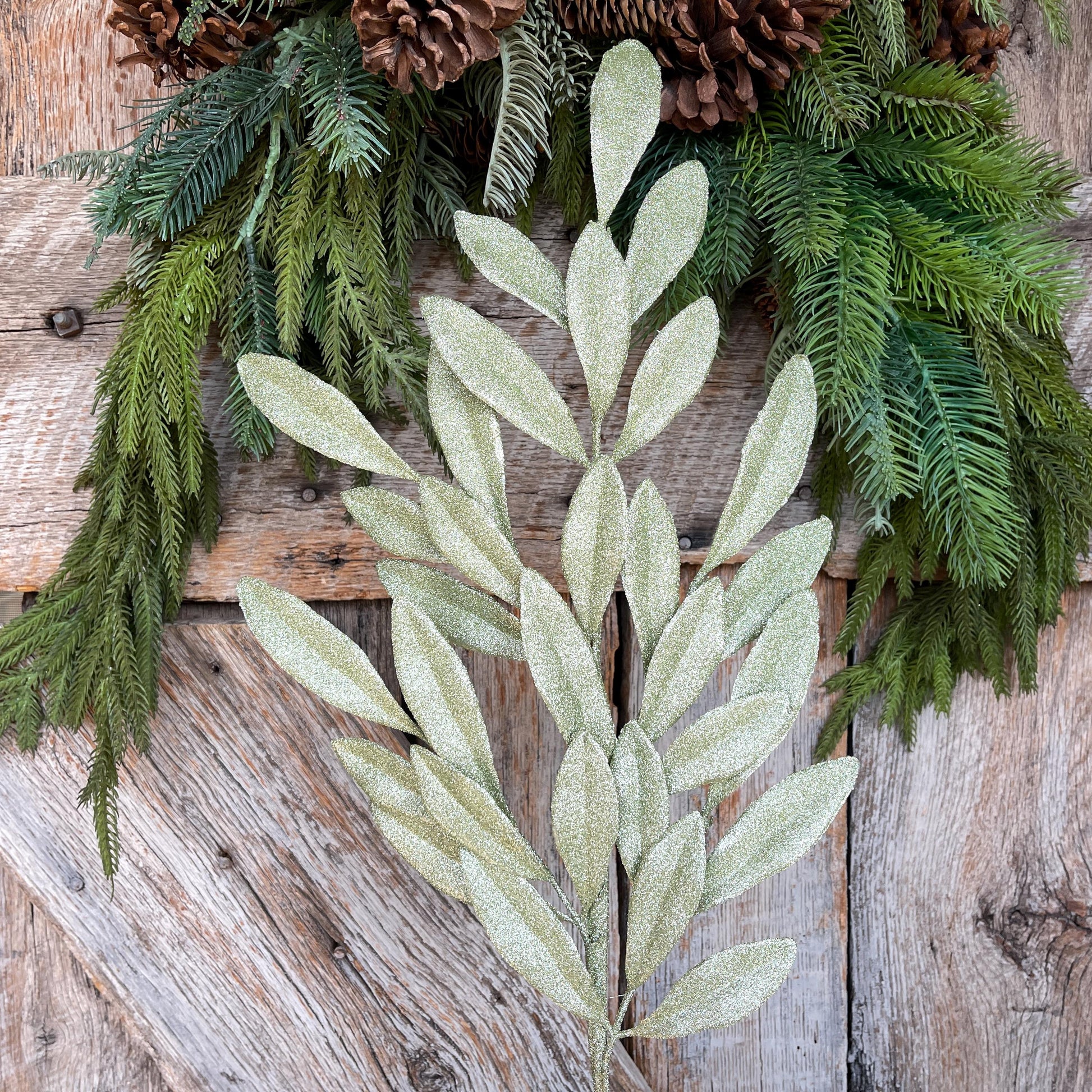 27" Mint Green Laurel Leaf Spray, Mint Sparkle Leaf Spray, Light Green Christmas Picks Stems, Christmas Tree Picks, 86483MINT