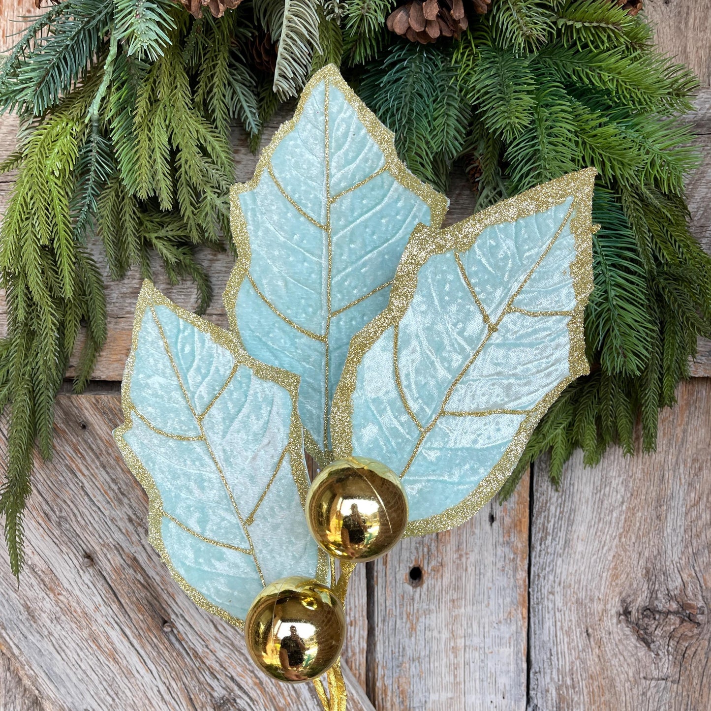 30" Mint Green Holly Leaf Spray, Christmas Holly Leaf Floral Stem, Mint Green Floral Picks Stems