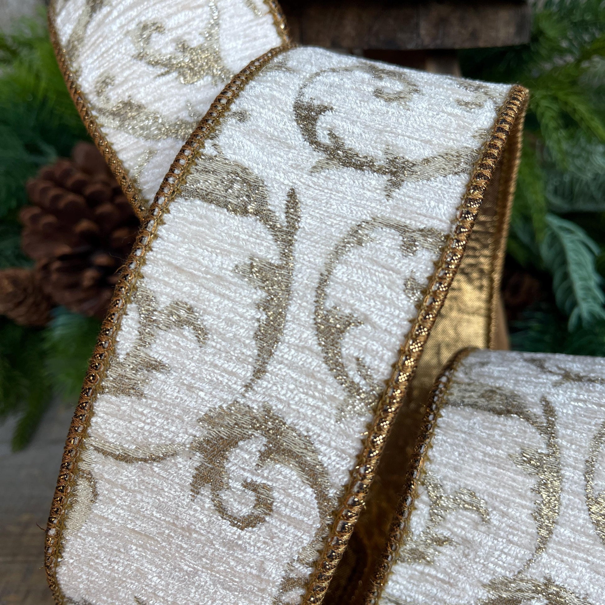 2.5" Ivory & Bronze Jacquard Ribbon, Ivory Christmas Tree Ribbon, 2.5" x 10 Yards