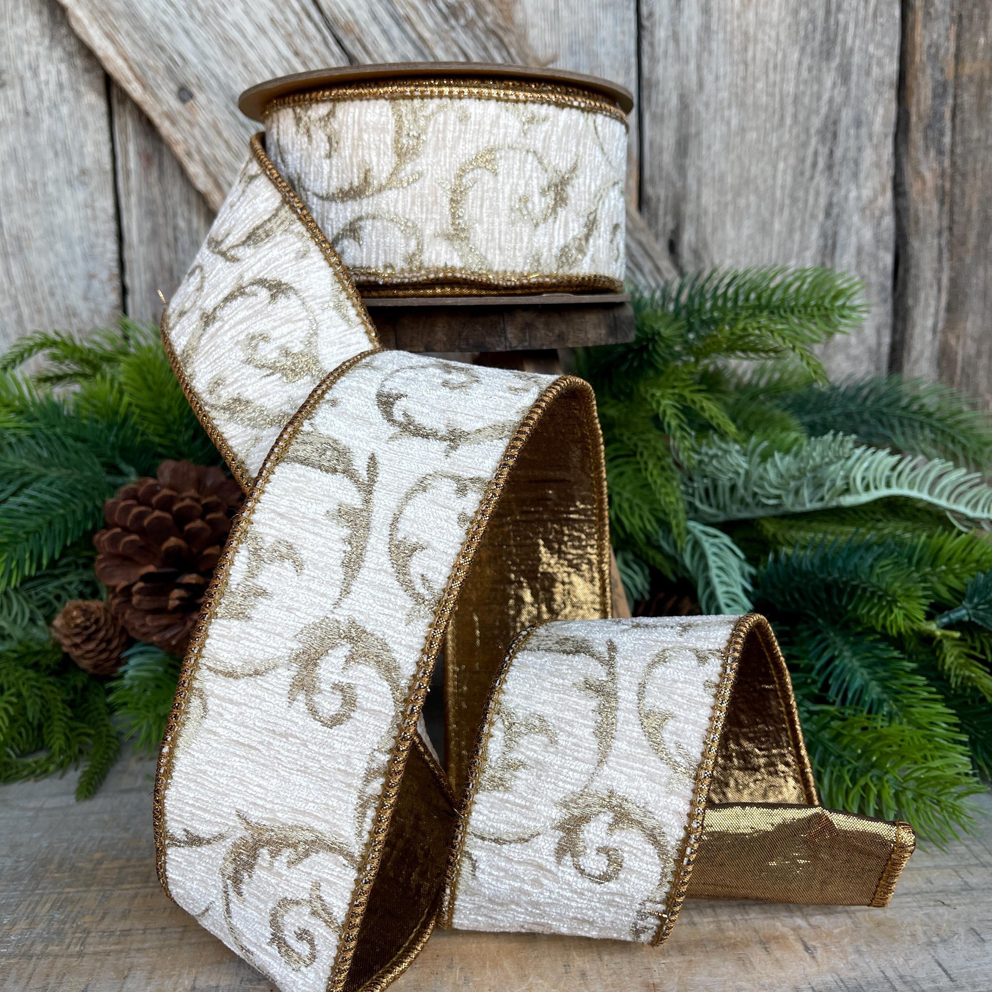 2.5" Ivory & Bronze Jacquard Ribbon, Ivory Christmas Tree Ribbon, 2.5" x 10 Yards