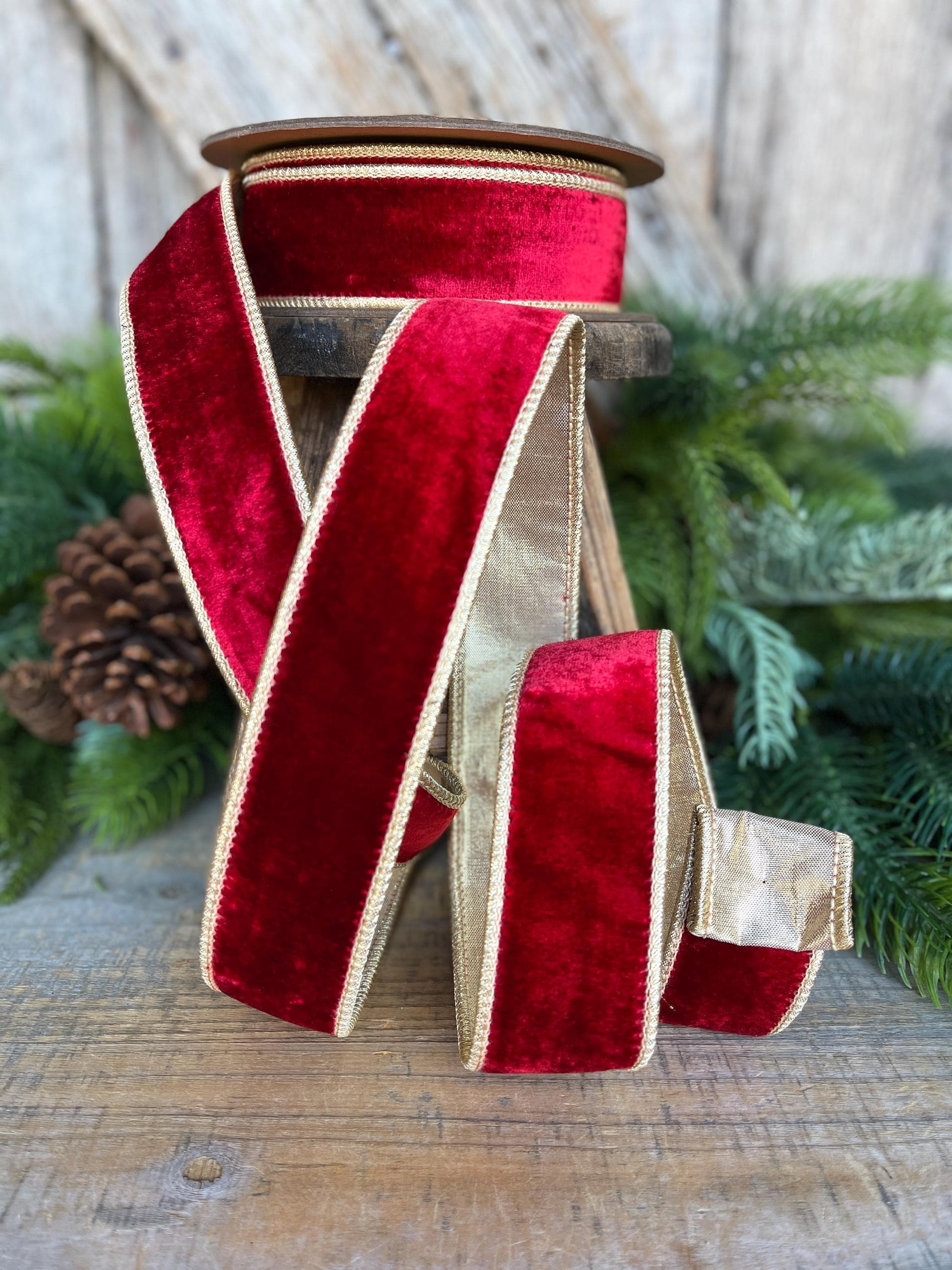 Red & Gold Velvet Wired Ribbon, Red Christmas Ribbon, 1.5" x 10 Yards