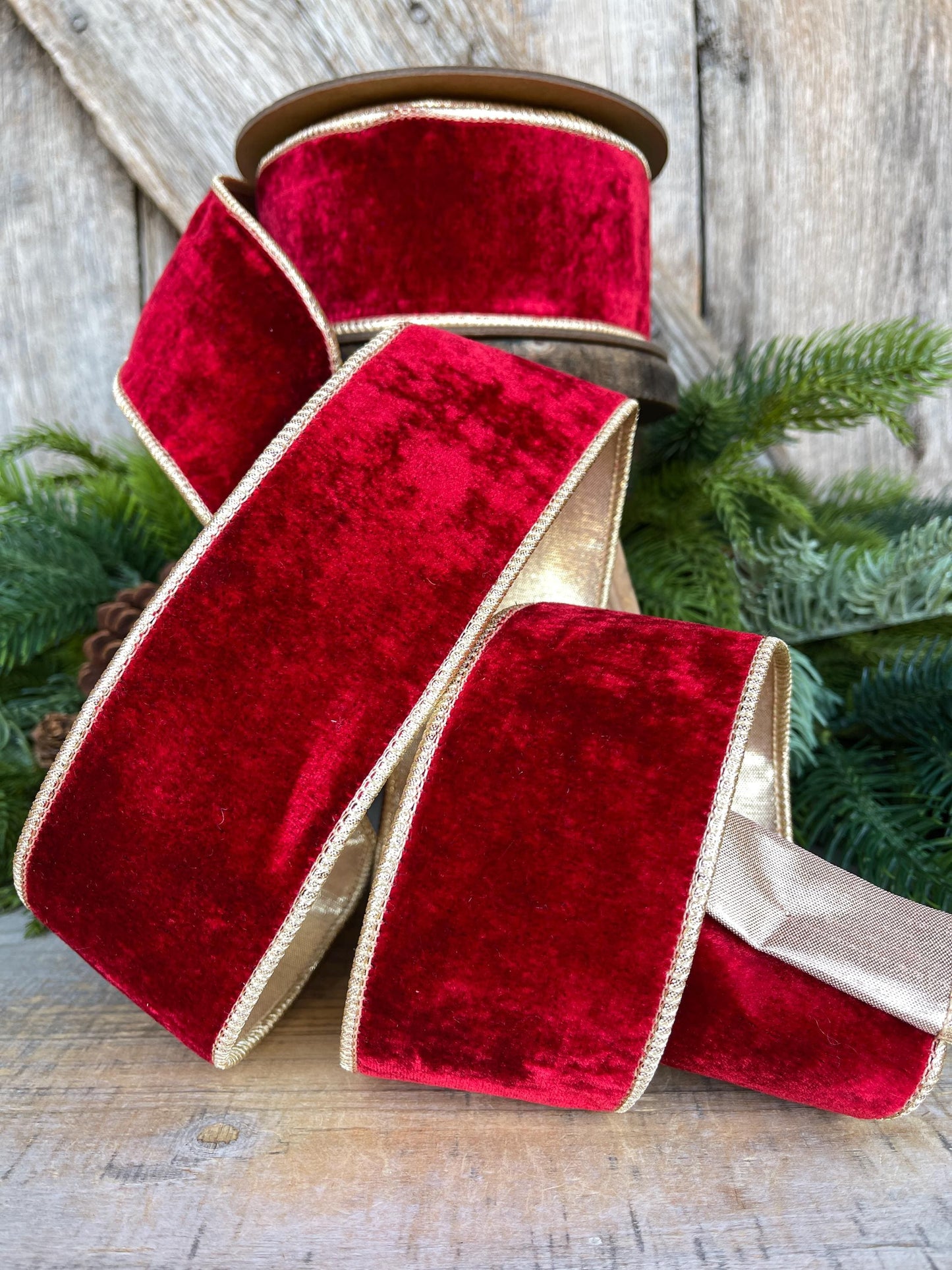 Red & Gold Velvet Wired Ribbon, Red Christmas Ribbon, 2.5" x 10 Yards