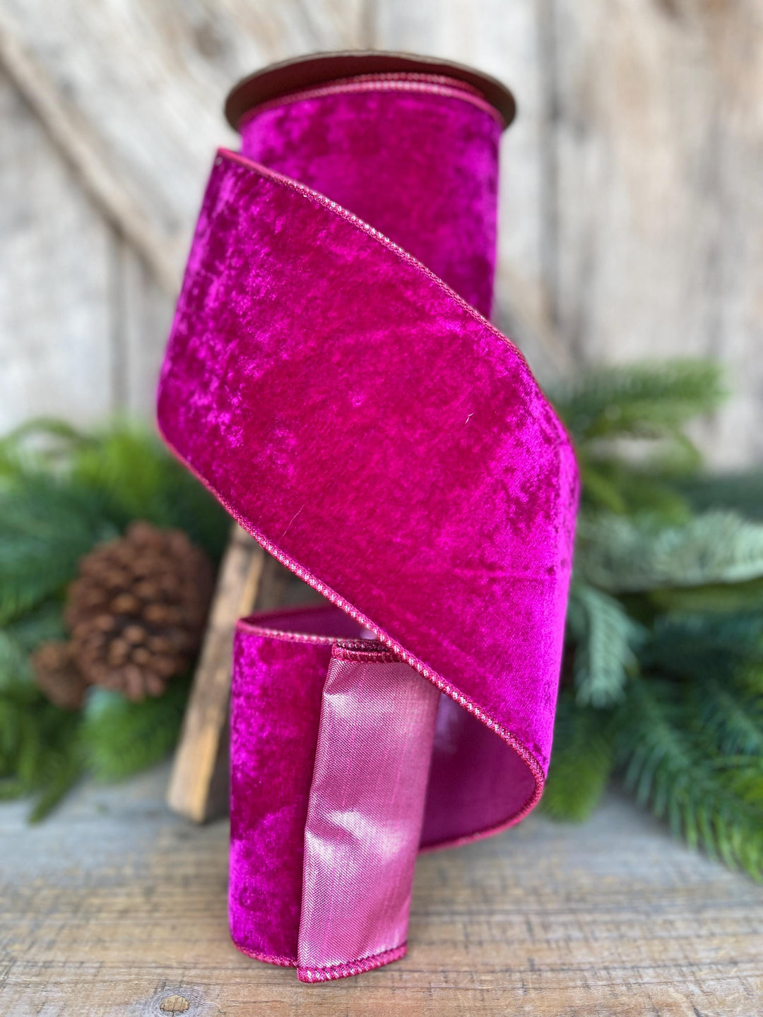 Hot Pink Velvet Wired Christmas Ribbon: 4" Plush Ribbon