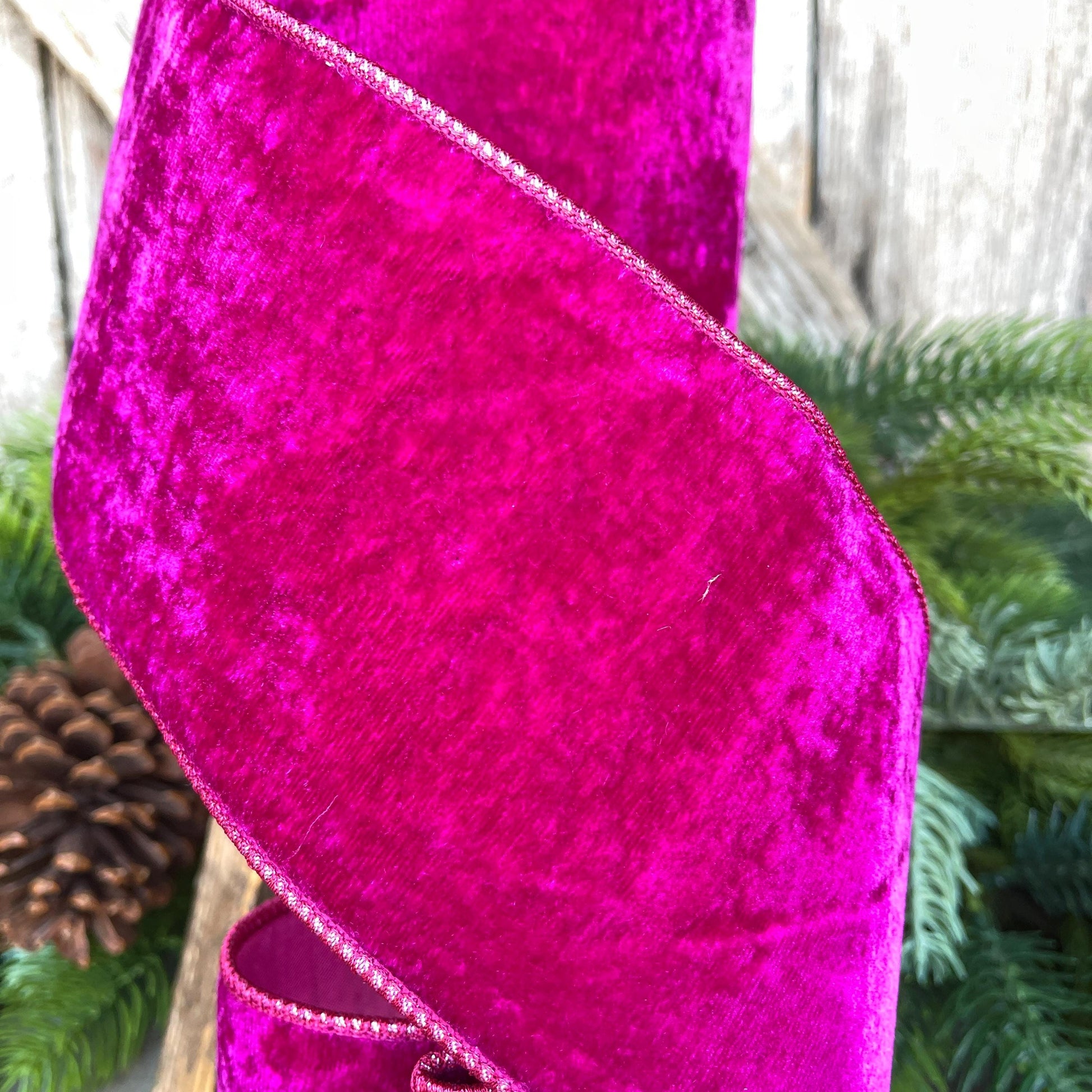 Hot Pink Velvet Wired Christmas Ribbon: 4" Plush Ribbon