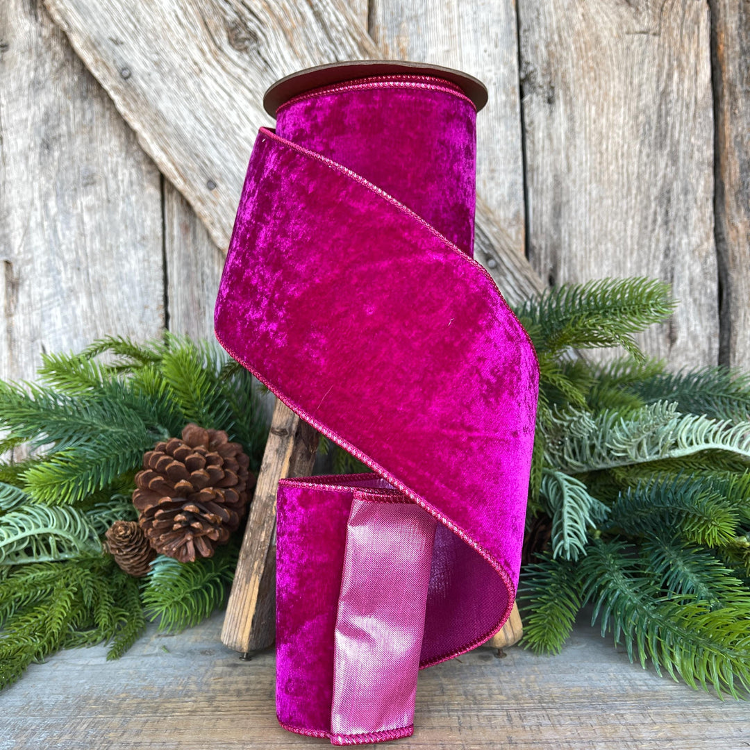 Hot Pink Velvet Wired Christmas Ribbon: 4" Plush Ribbon