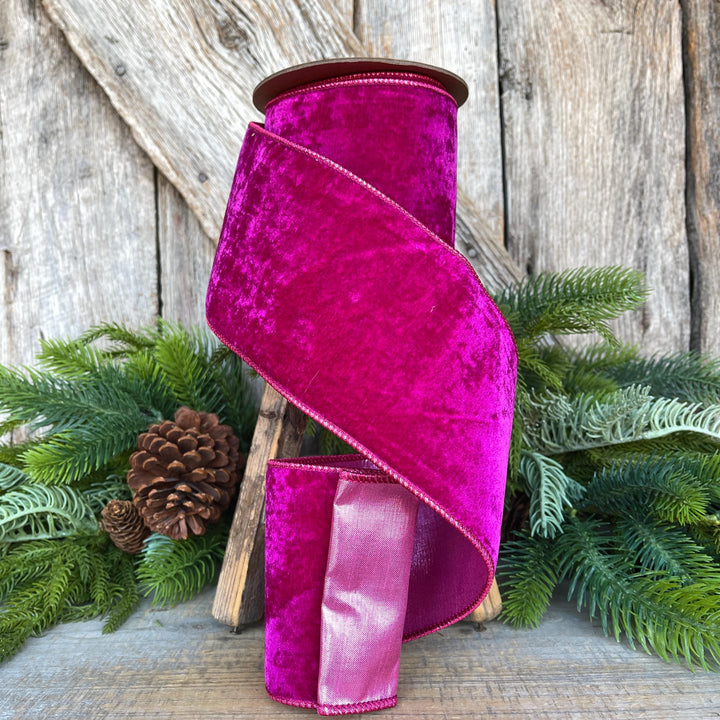 Hot Pink Velvet Wired Christmas Ribbon: 4" Plush Ribbon