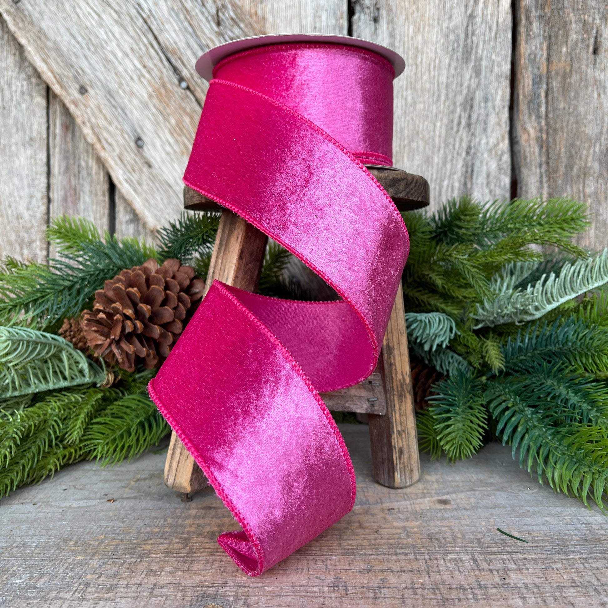 2.5 Hot pink Velveteen ribbon, wired ribbon