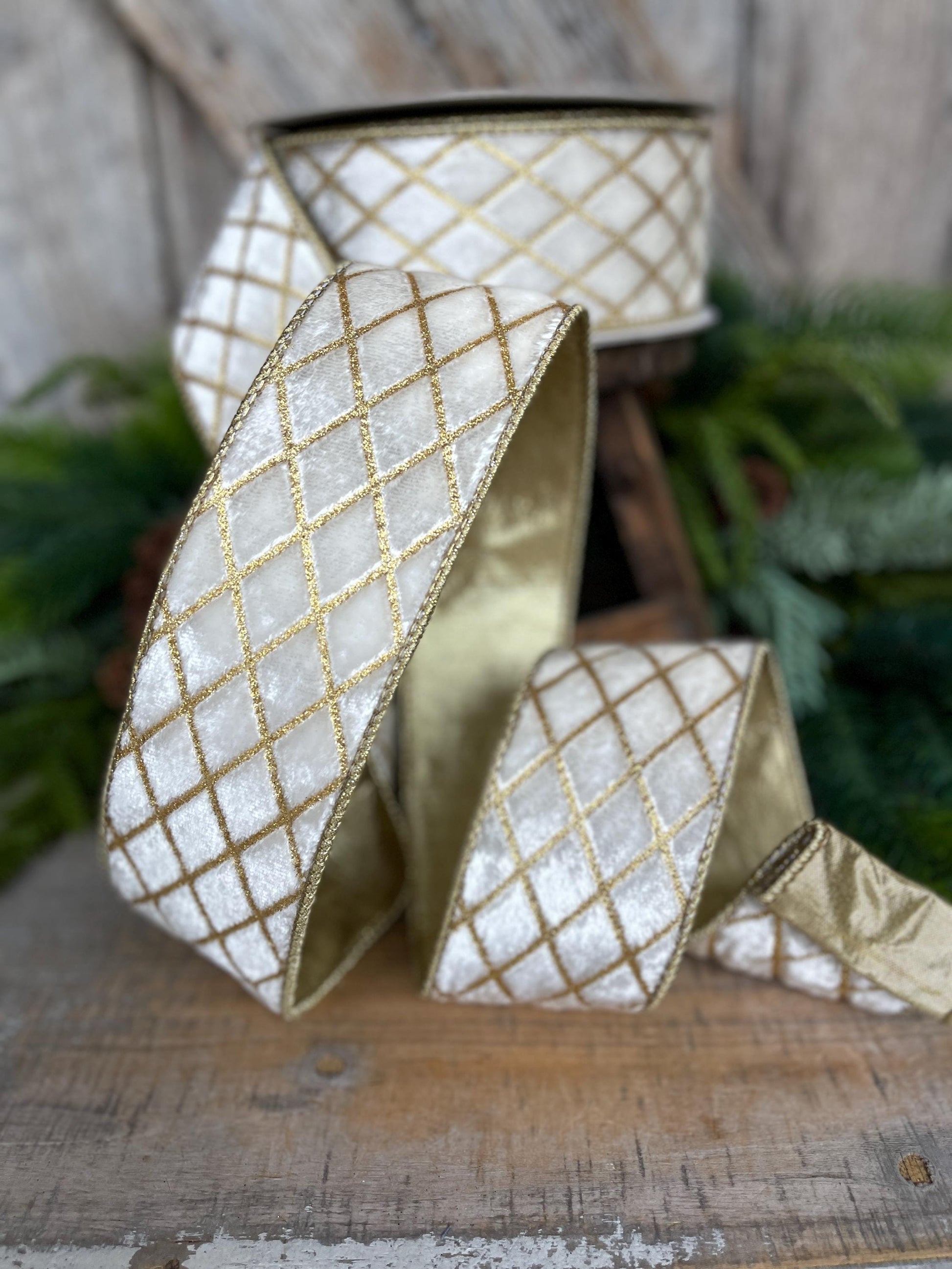 2.5" Ivory Velvet Metallic Diamonds Ribbon, Farrisilk Ribbon, Ivory and Gold Velvet, Christmas Tree Ribbon,Wired Ribbon, RG453-62