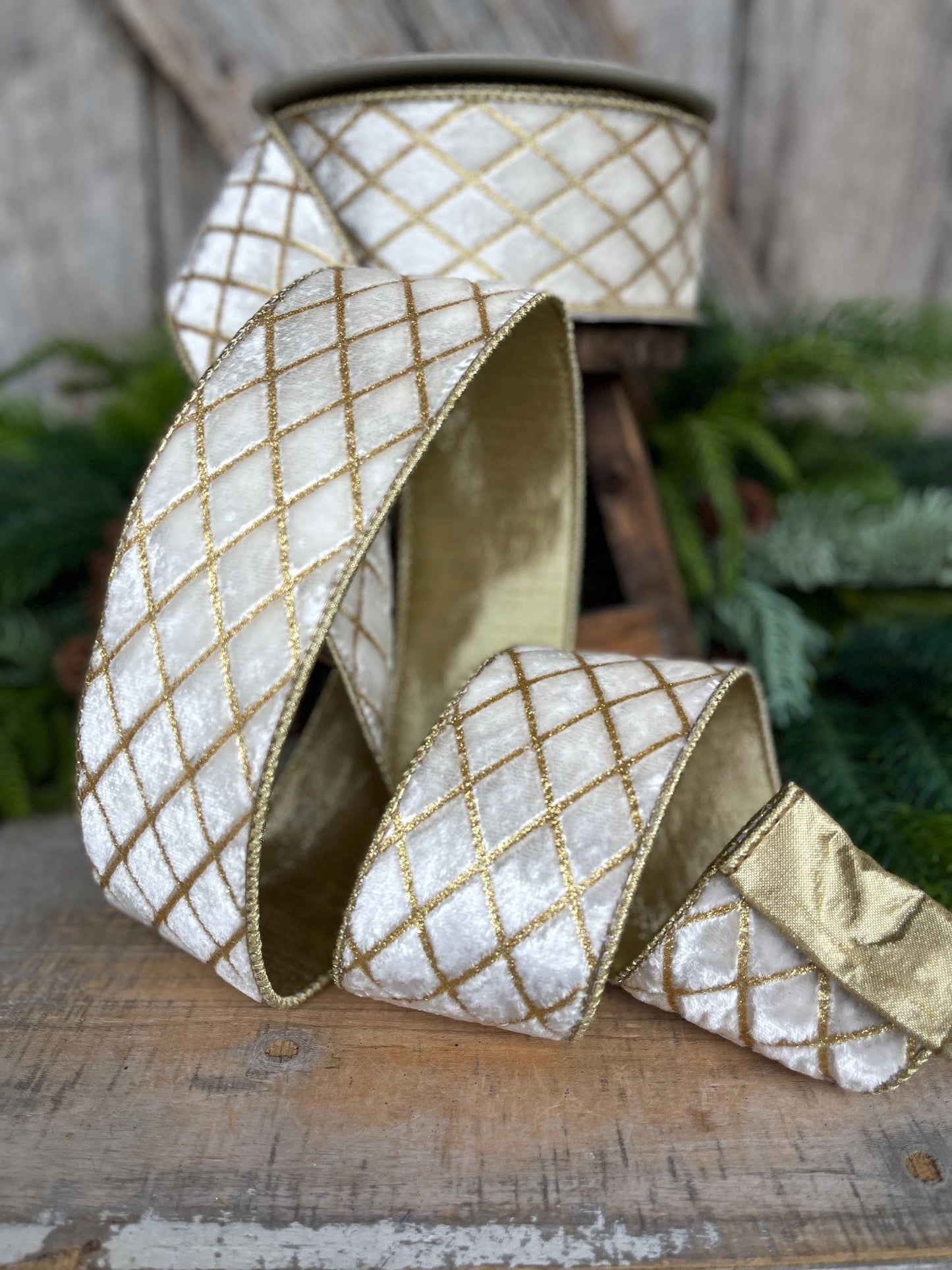 2.5" Ivory Velvet Metallic Diamonds Ribbon, Farrisilk Ribbon, Ivory and Gold Velvet, Christmas Tree Ribbon,Wired Ribbon, RG453-62