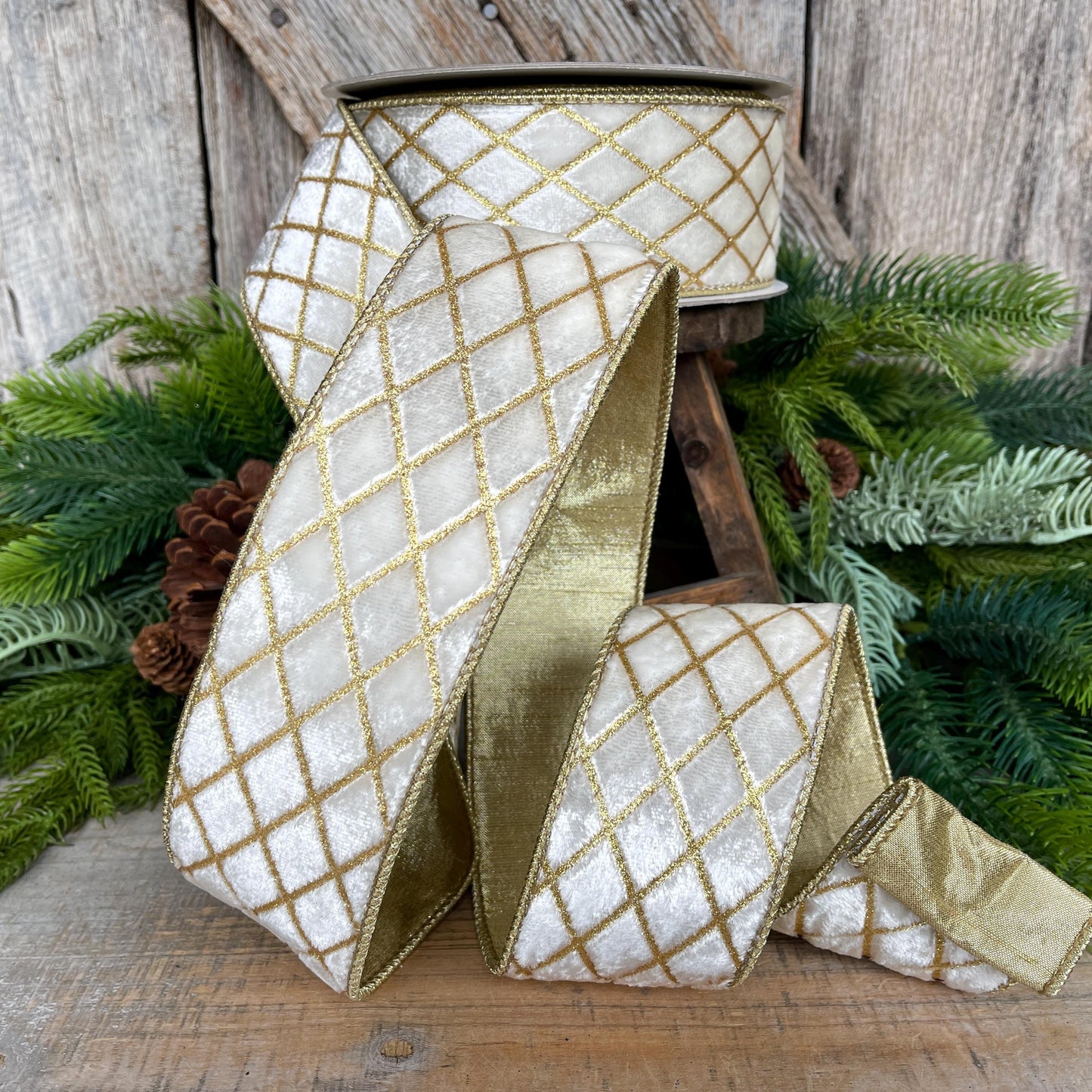 2.5" Ivory Velvet Metallic Diamonds Ribbon, Farrisilk Ribbon, Ivory and Gold Velvet, Christmas Tree Ribbon,Wired Ribbon, RG453-62