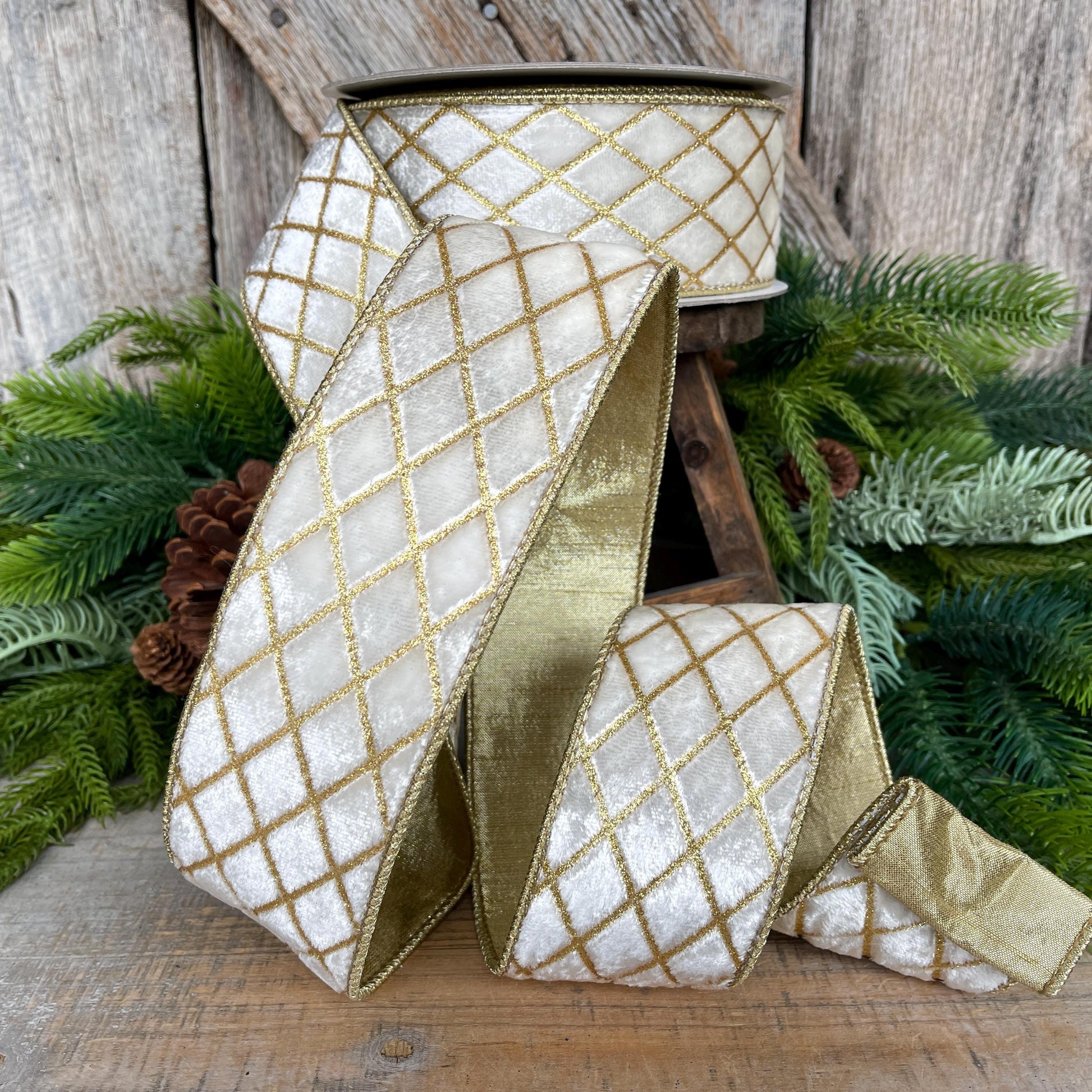 2.5" Ivory Velvet Metallic Diamonds Ribbon, Farrisilk Ribbon, Ivory and Gold Velvet, Christmas Tree Ribbon,Wired Ribbon, RG453-62