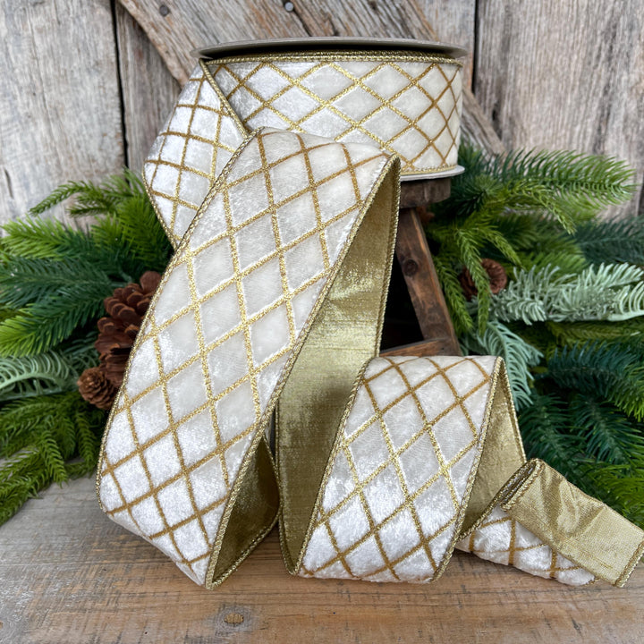 2.5" Ivory Velvet Metallic Diamonds Ribbon, Farrisilk Ribbon, Ivory and Gold Velvet