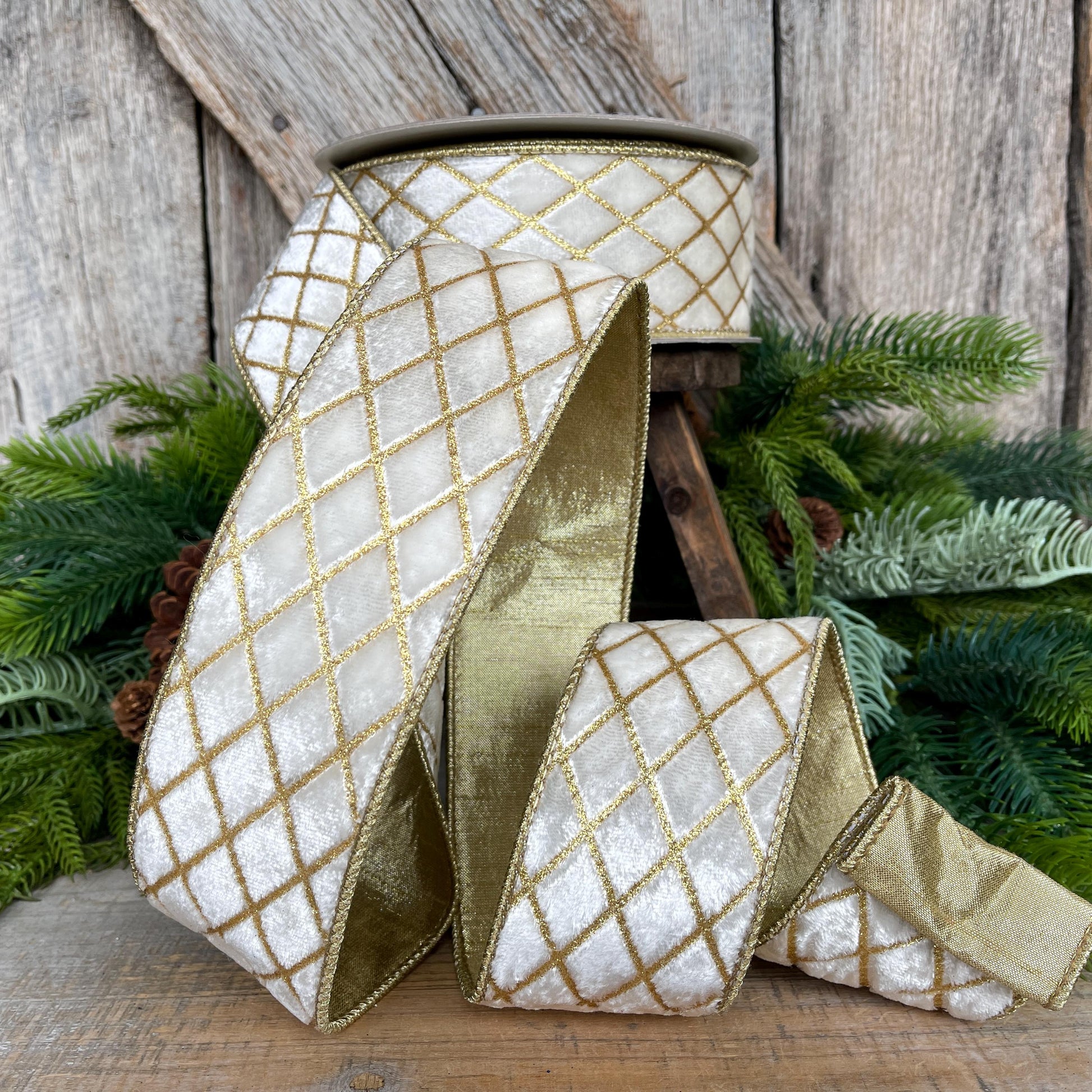2.5" Ivory Velvet Metallic Diamonds Ribbon, Farrisilk Ribbon, Ivory and Gold Velvet, Christmas Tree Ribbon,Wired Ribbon, RG453-62