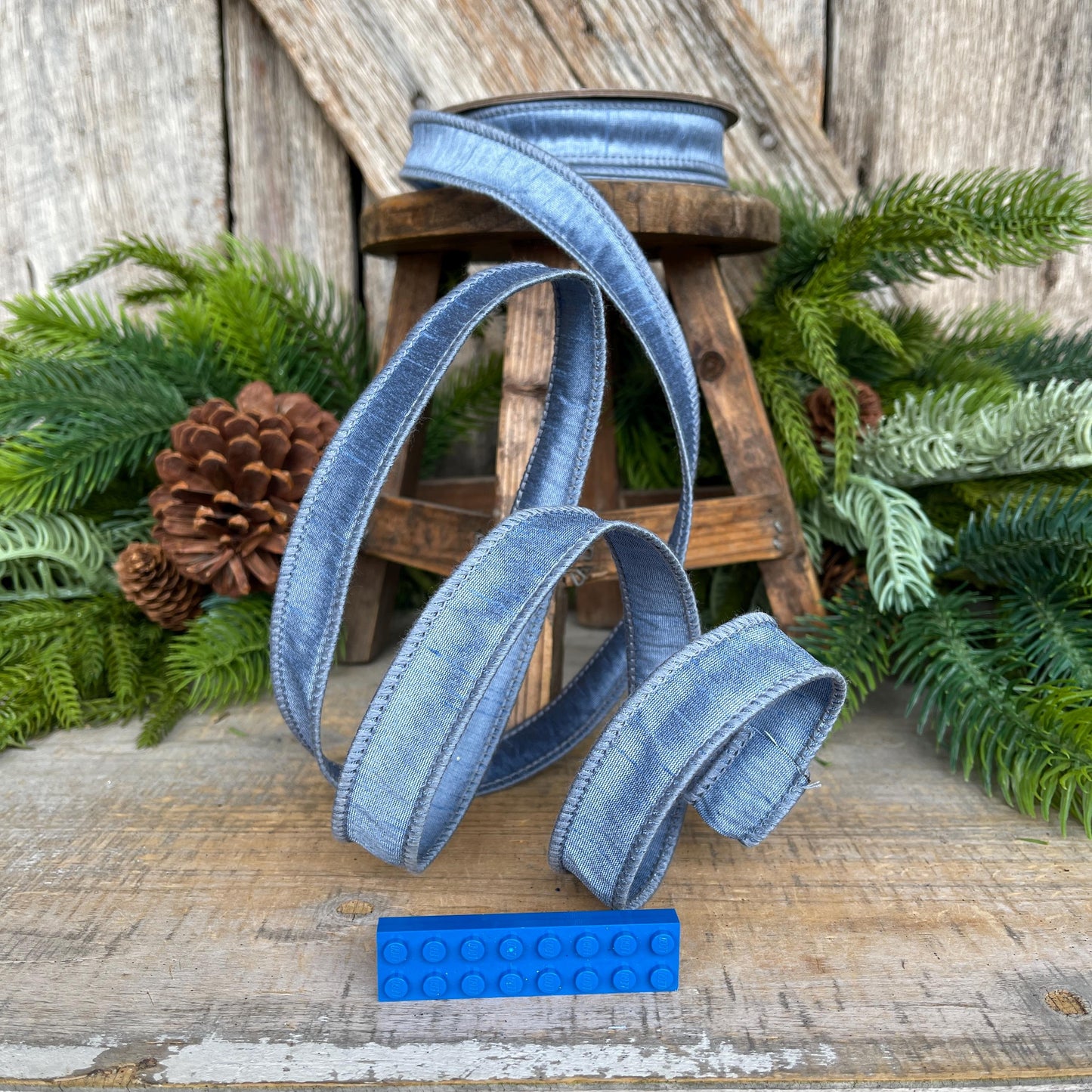 1" French Blue Dupioni Ribbon, Wired Ribbon, Blue Ribbon, Christmas Ribbon, Ribbon for Bows, Blue Wired Ribbon, Steel Blue