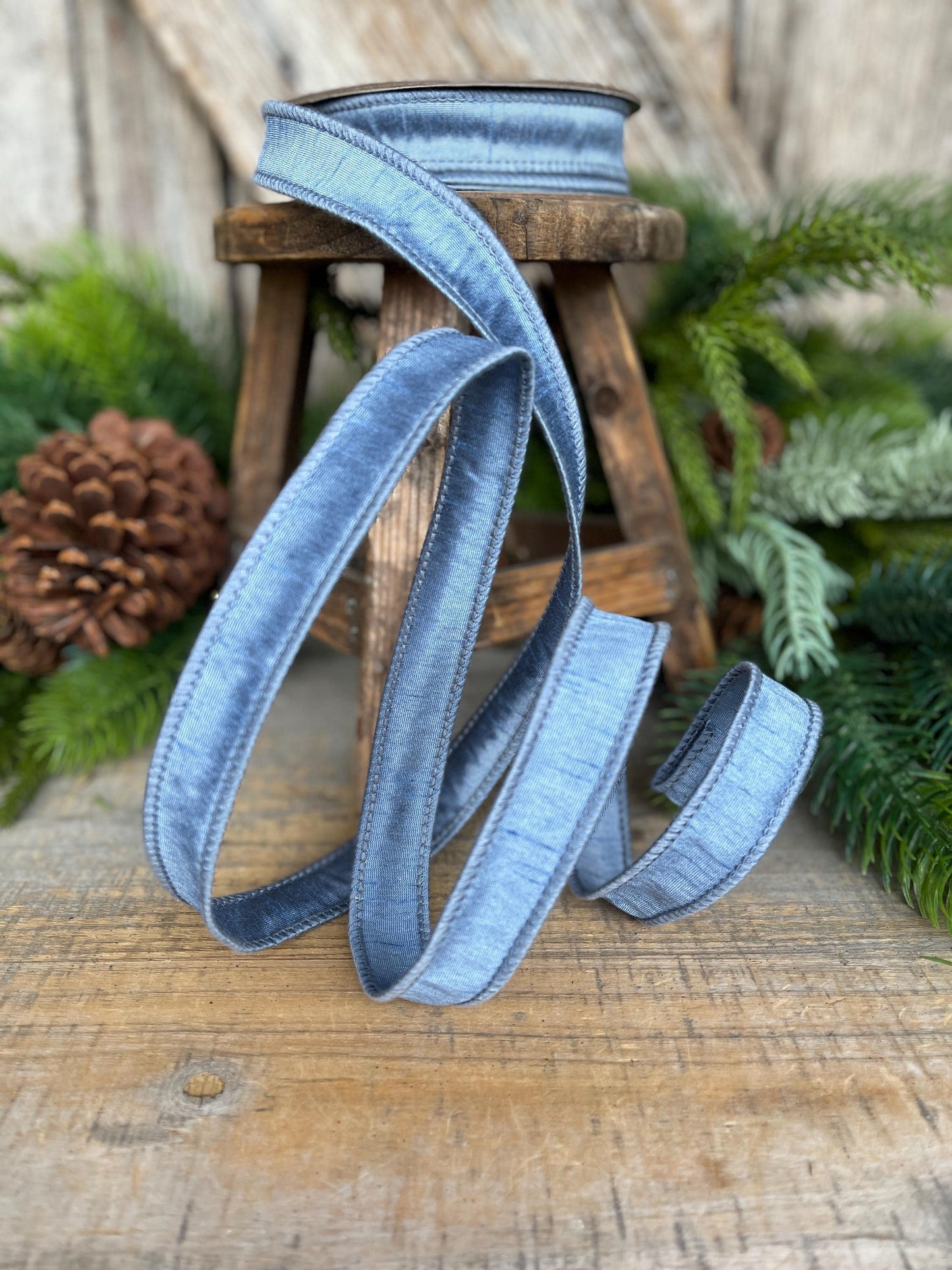 1" French Blue Dupioni Ribbon, Wired Ribbon, Blue Ribbon, Christmas Ribbon, Ribbon for Bows, Blue Wired Ribbon, Steel Blue