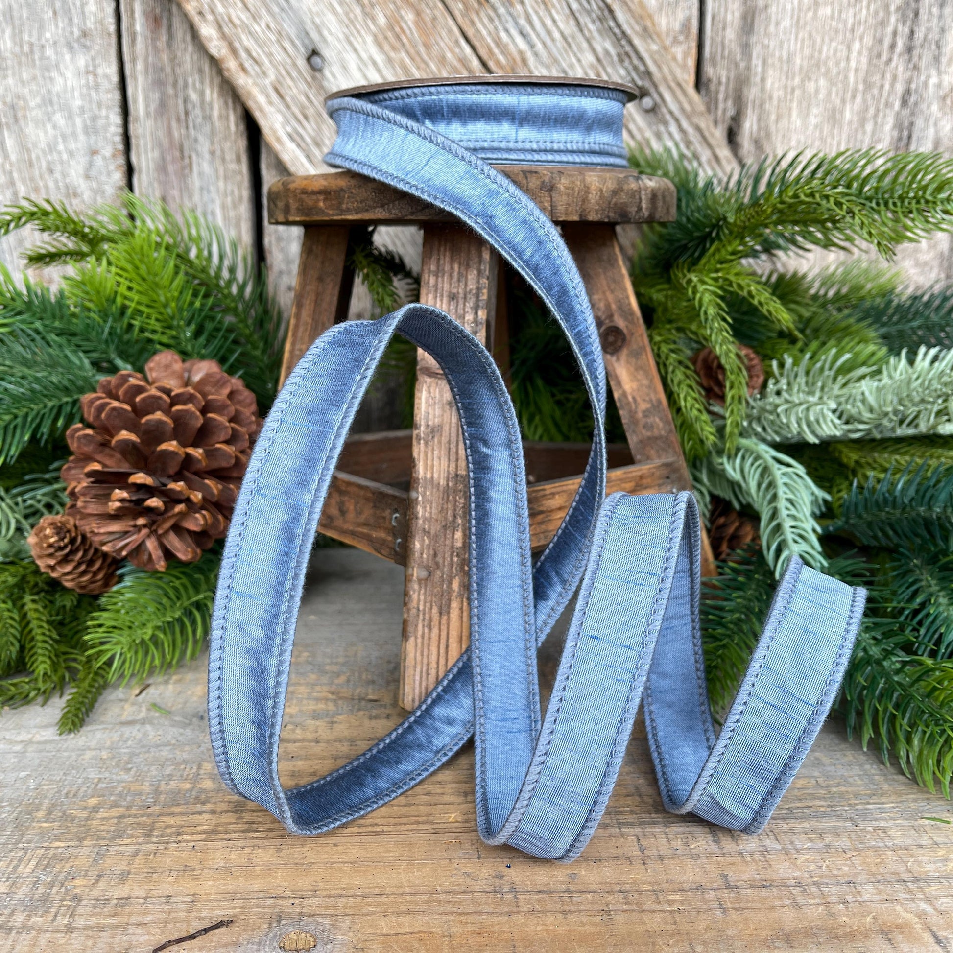1" French Blue Dupioni Ribbon, Wired Ribbon, Blue Ribbon, Christmas Ribbon, Ribbon for Bows, Blue Wired Ribbon, Steel Blue