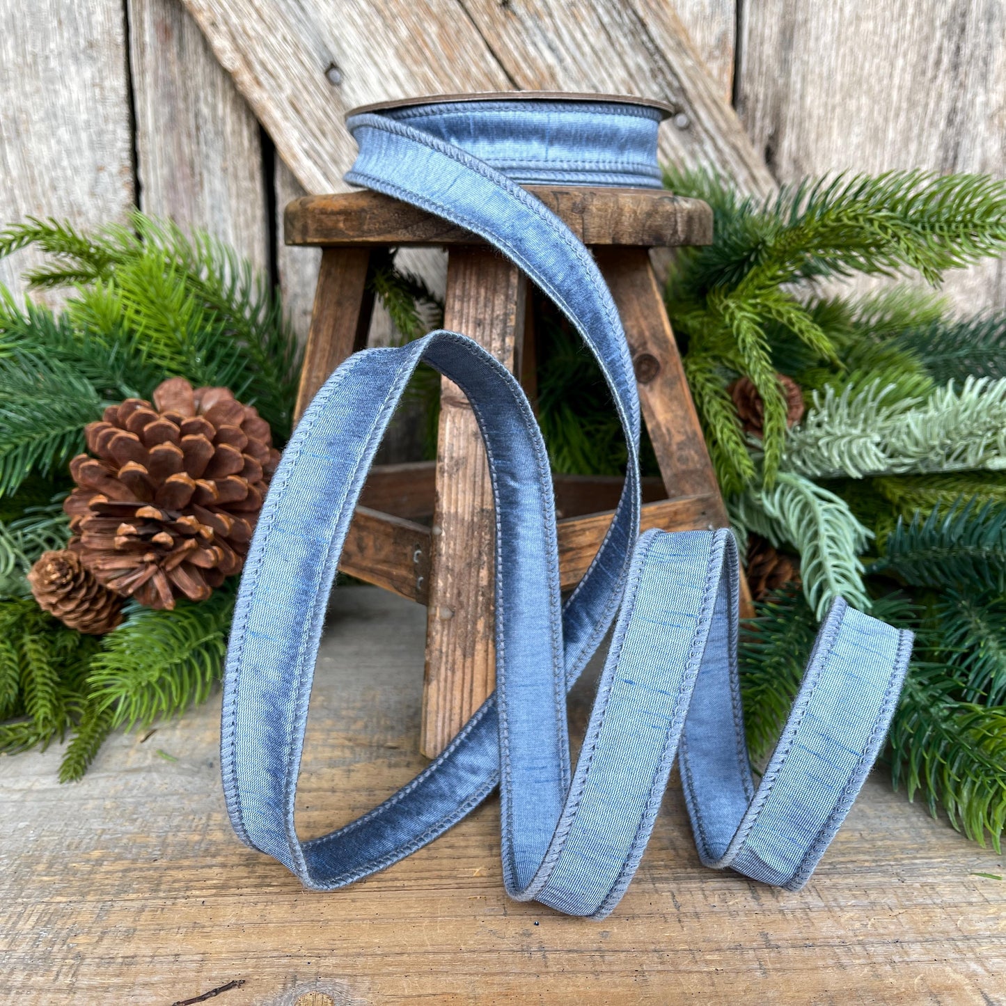 1" French Blue Dupioni Ribbon, Wired Ribbon, Blue Ribbon, Christmas Ribbon, Ribbon for Bows, Blue Wired Ribbon, Steel Blue