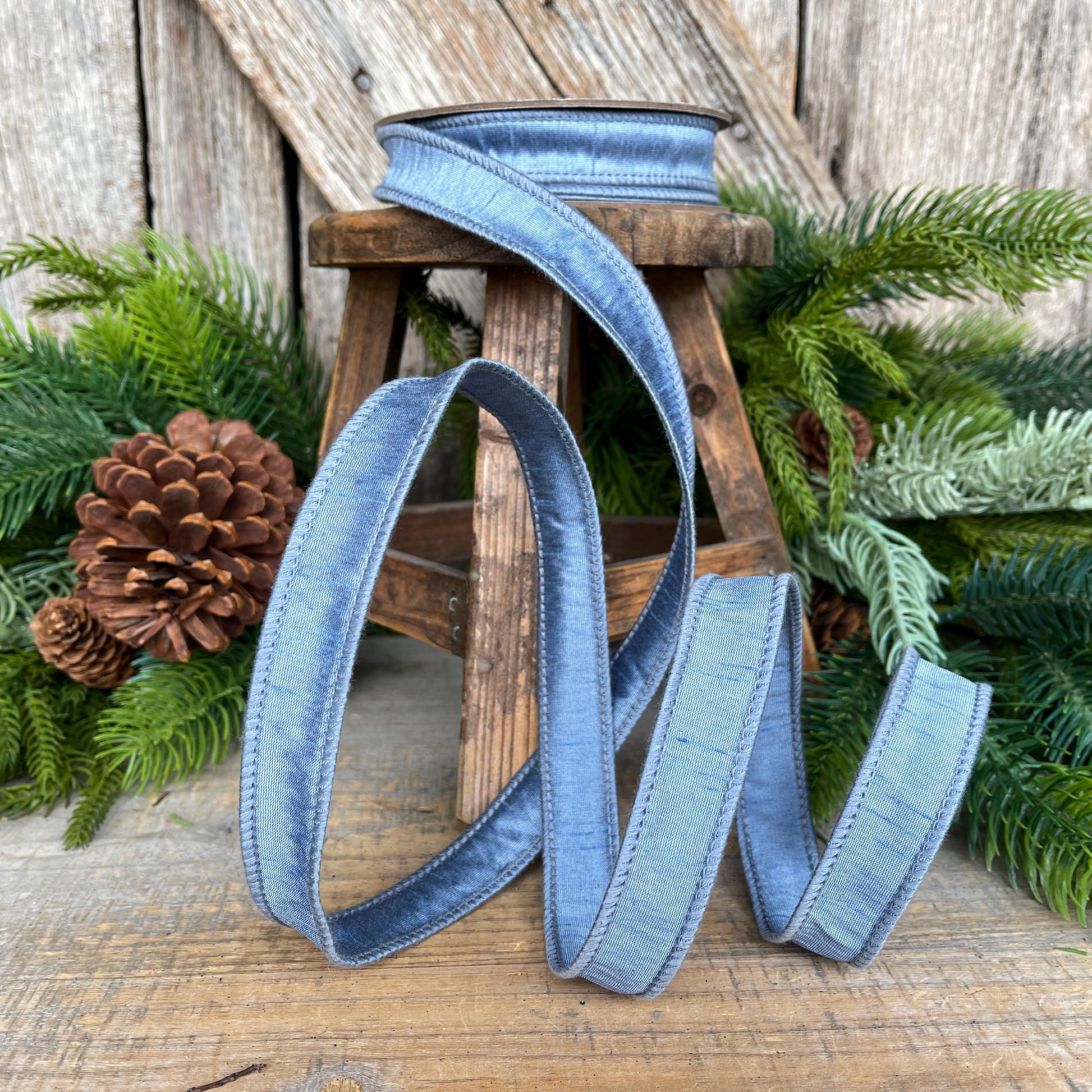 1" French Blue Dupioni Ribbon, Wired Ribbon, Blue Ribbon, Christmas Ribbon, Ribbon for Bows, Blue Wired Ribbon, Steel Blue