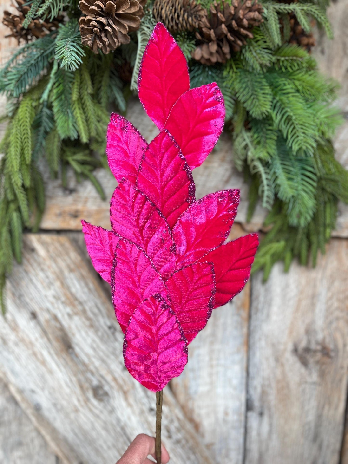 25" Hot Pink Velvet Leaf Spray, Hot Pink Christmas Leaves Spray, Christmas Floral Stem