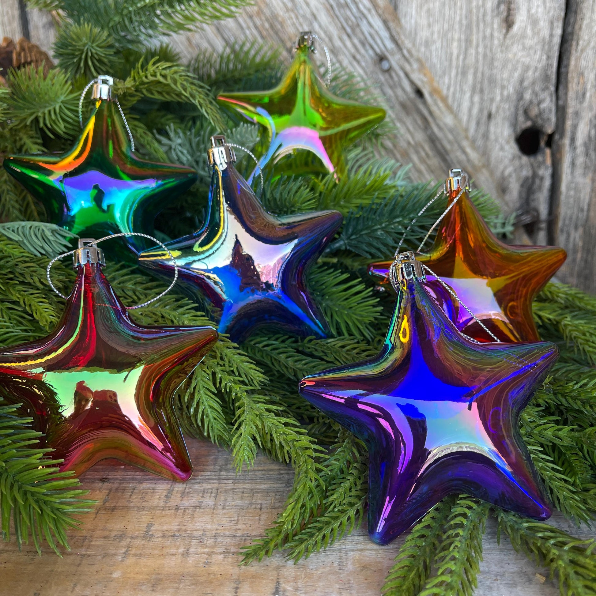 Set of 6 Star Ornaments, Iridescent Balloon Star Ornaments, Colorful Christmas Ornaments