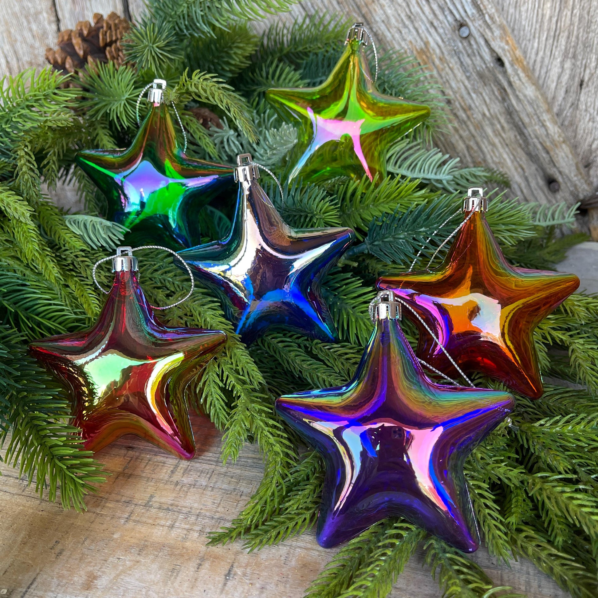 Set of 6 Star Ornaments, Iridescent Balloon Star Ornaments, Colorful Christmas Ornaments