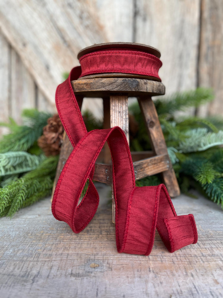 1” Deep Red Dupioni Ribbon, ribbon, wired ribbon