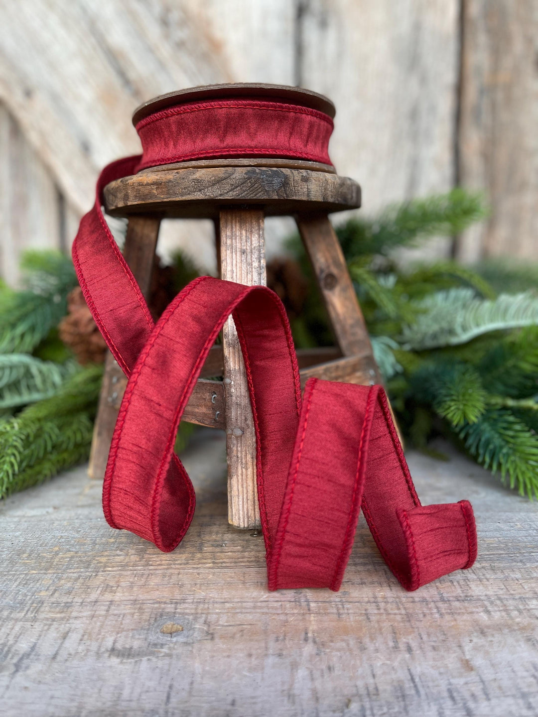 1” Deep Red Dupioni Ribbon, ribbon, wired ribbon