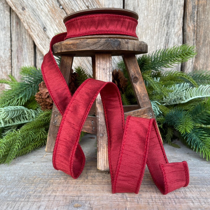 1” Deep Red Dupioni Ribbon, ribbon, wired ribbon
