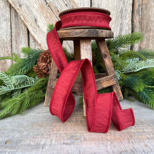 1” Deep Red Dupioni Ribbon, ribbon, wired ribbon