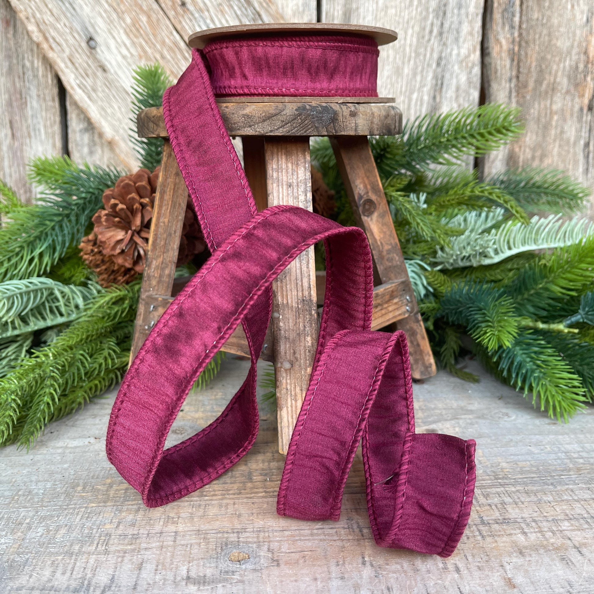1” Wine Berry Dupioni Ribbon, Dupioni ribbon, wired ribbon