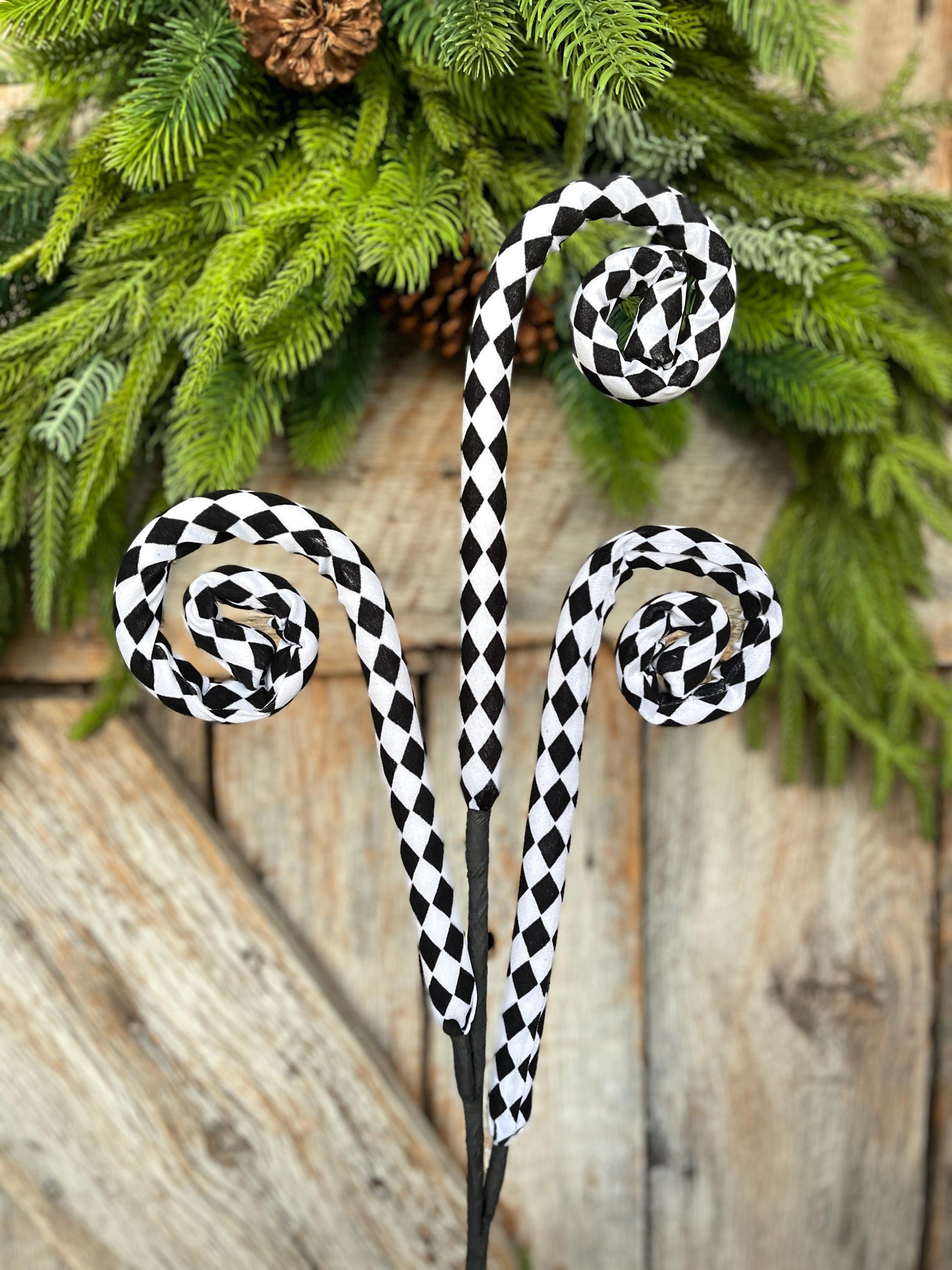 30" Harlequin Floral Spray, Black White Harlequin Curly Spray, Christmas Spray, Halloween Spray