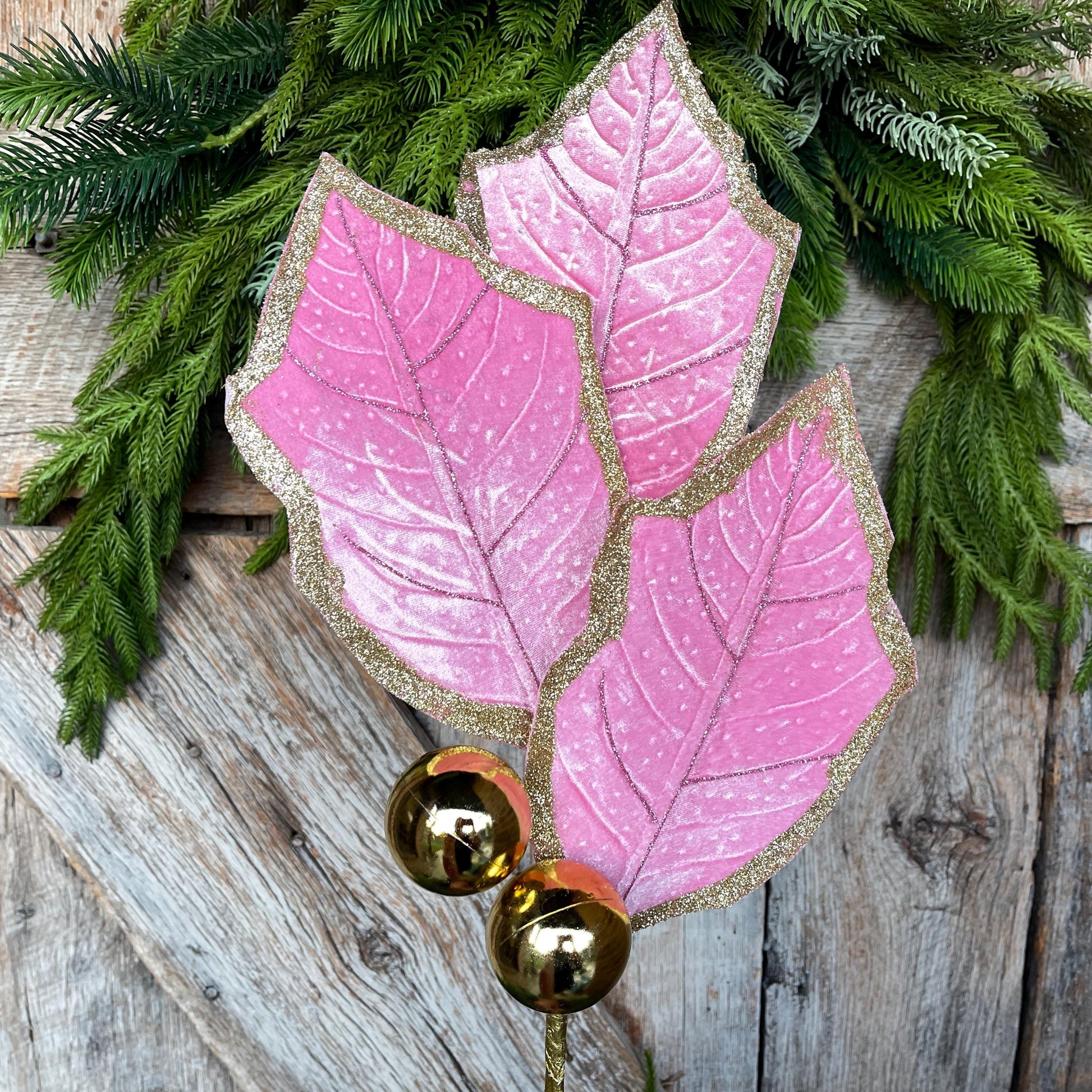 30" Pink Holly Leaf Spray, Christmas Holly Leaf Floral Stem, Pink Floral Picks Stems
