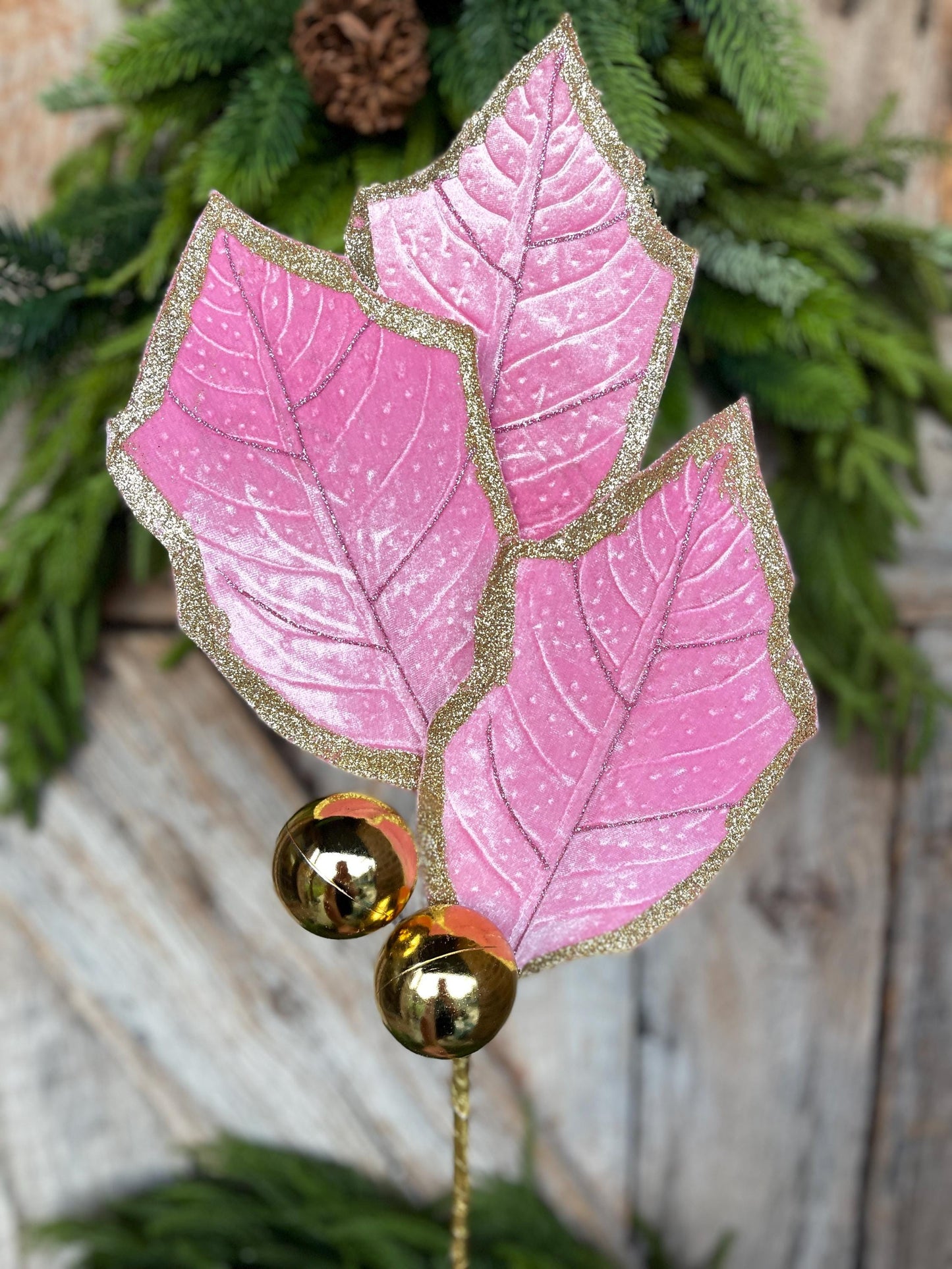 Pink Holly Leaf Christmas Spray: Pink Gold Ornament Floral Stem, 30"