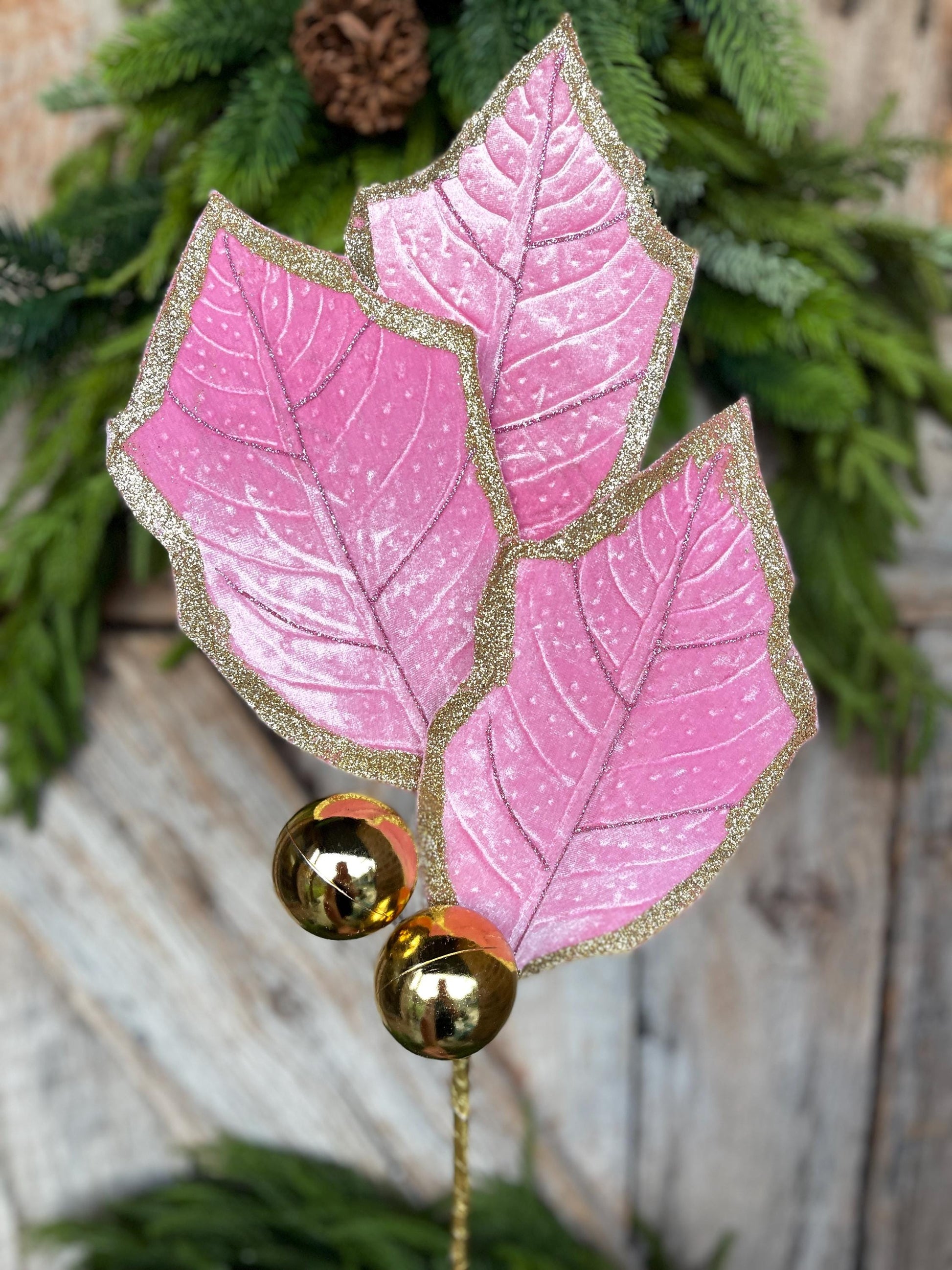 Pink Holly Leaf Christmas Spray: Pink Gold Ornament Floral Stem, 30"