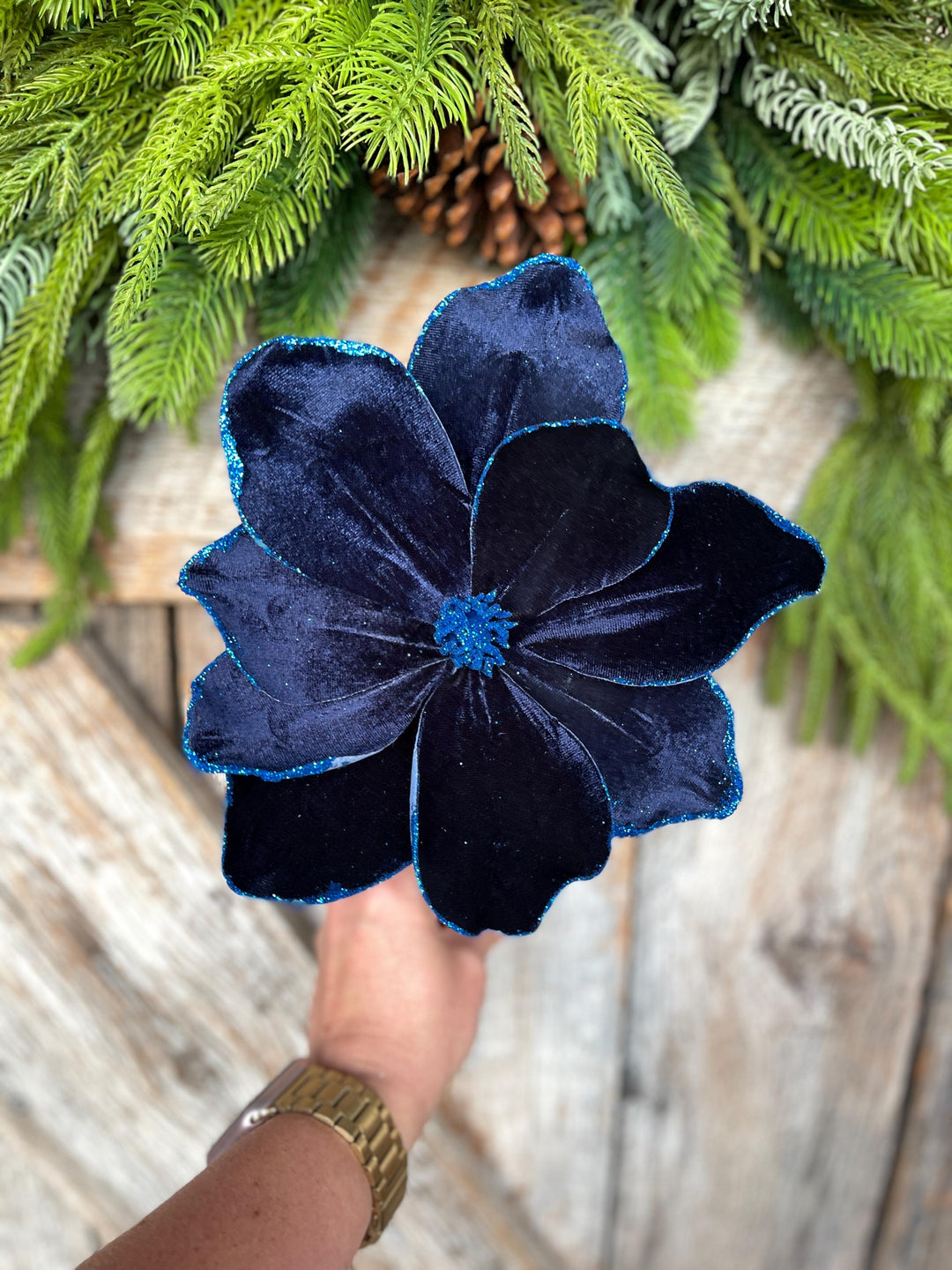 Navy Blue Velvet Magnolia Stem: Glitter Christmas Decor, 19"