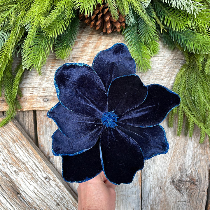 Navy Blue Velvet Magnolia Stem: Glitter Christmas Decor, 19"