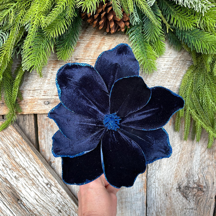 Navy Blue Velvet Magnolia Stem: Glitter Christmas Decor, 19"