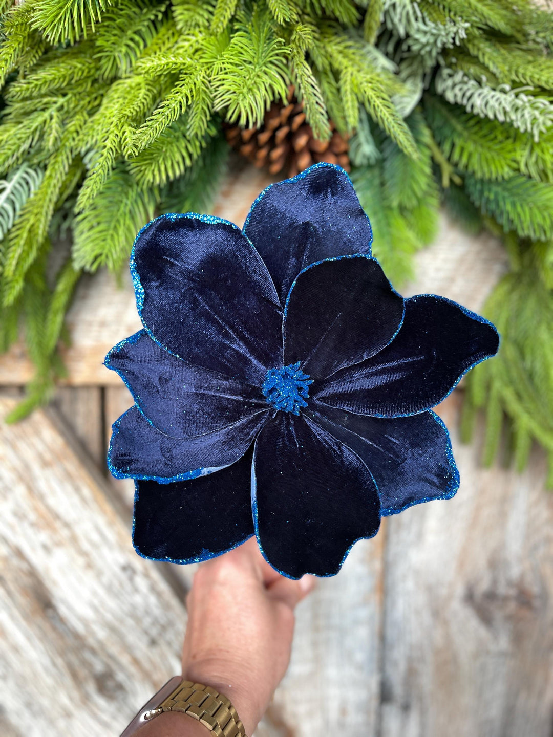 Navy Blue Velvet Magnolia Stem: Glitter Christmas Decor, 19"